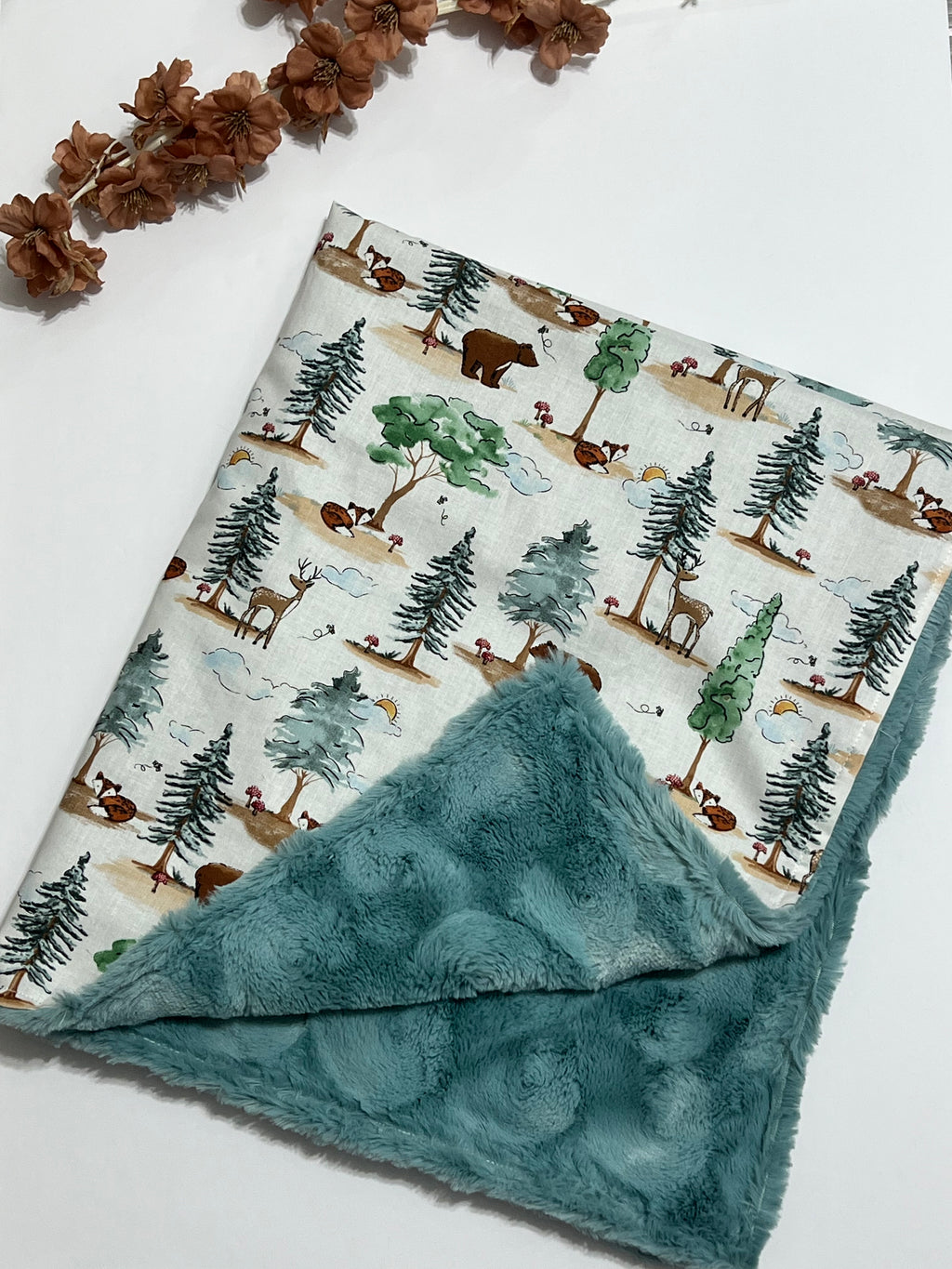 Forest Woodlands Animals of Bear, deer, and fox Baby Blanket Personalized for Nursery bedding with Minky or Luxe Fur Backing Baby girl or boy Gift in 3 Sizes