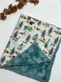 Forest Woodlands Animals of Bear, deer, and fox Baby Blanket Personalized for Nursery bedding with Minky or Luxe Fur Backing Baby girl or boy Gift in 3 Sizes