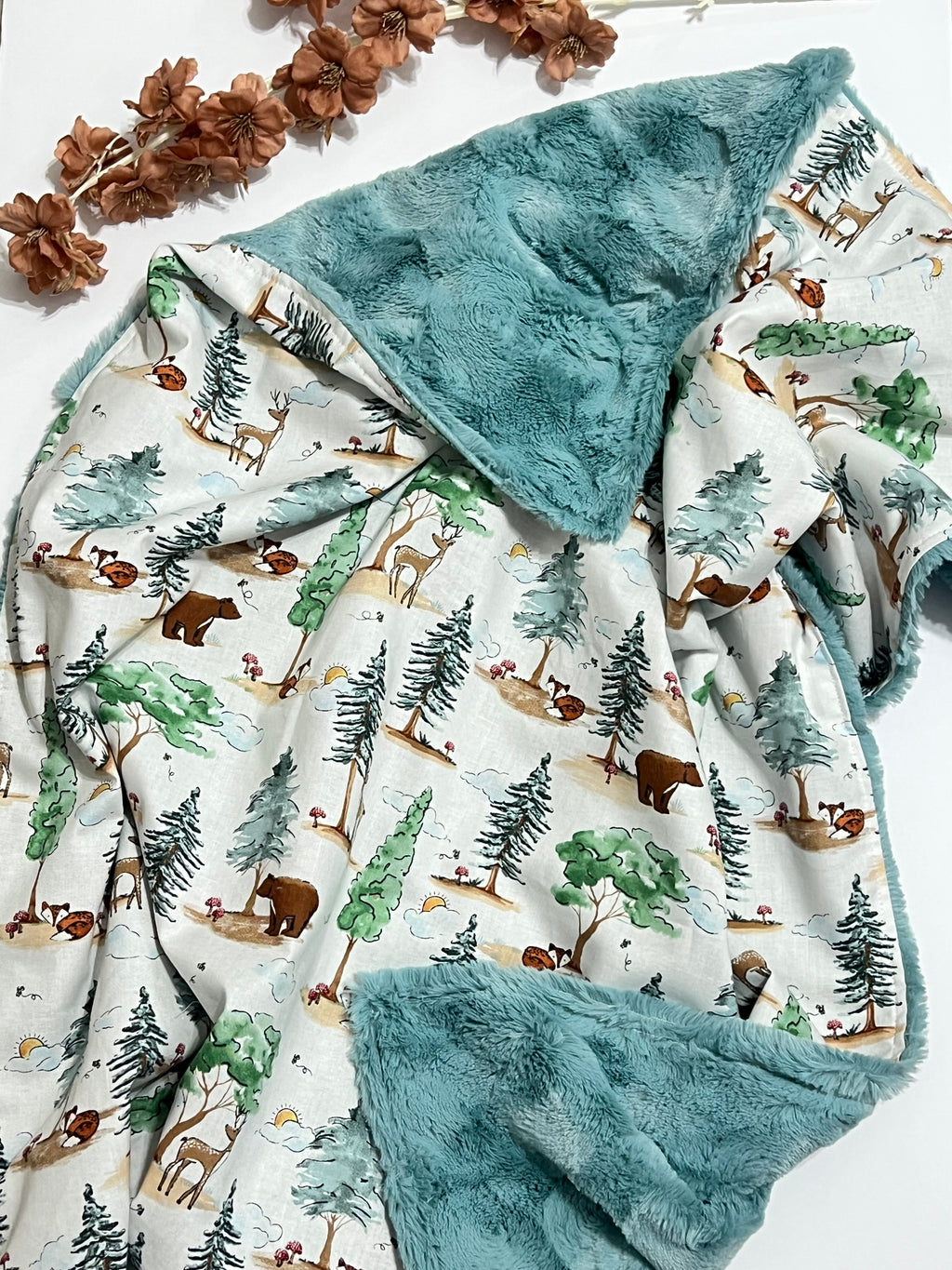 Forest Woodlands Animals of Bear, deer, and fox Baby Blanket Personalized for Nursery bedding with Minky or Luxe Fur Backing Baby girl or boy Gift in 3 Sizes