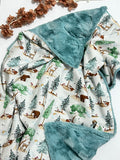 Forest Woodlands Animals of Bear, deer, and fox Baby Blanket Personalized for Nursery bedding with Minky or Luxe Fur Backing Baby girl or boy Gift in 3 Sizes