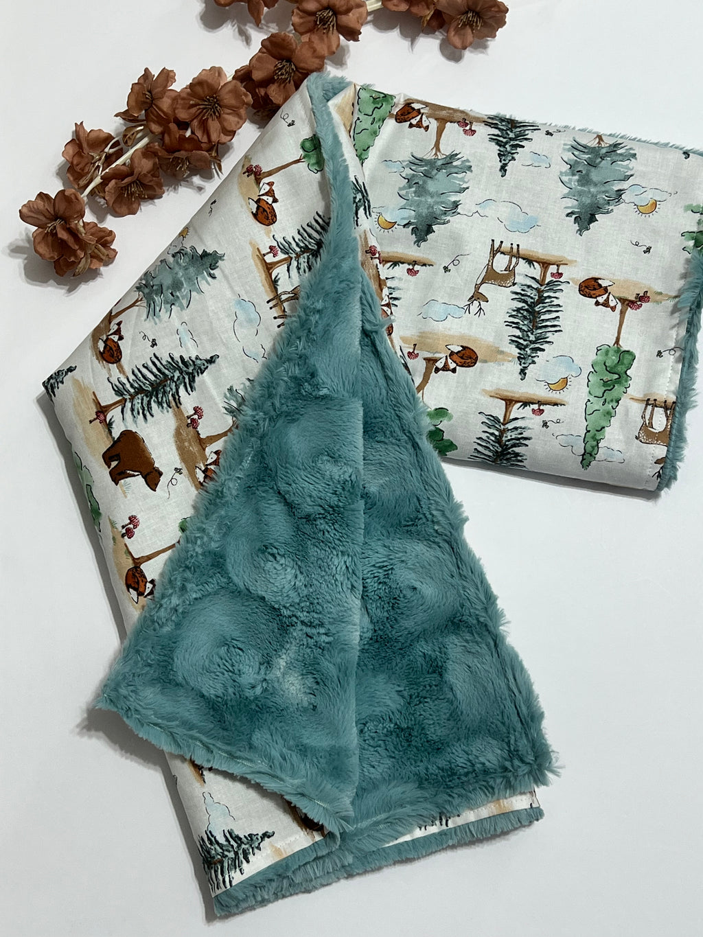 Forest Woodlands Animals of Bear, deer, and fox Baby Blanket Personalized for Nursery bedding with Minky or Luxe Fur Backing Baby girl or boy Gift in 3 Sizes