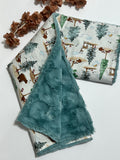 Forest Woodlands Animals of Bear, deer, and fox Baby Blanket Personalized for Nursery bedding with Minky or Luxe Fur Backing Baby girl or boy Gift in 3 Sizes