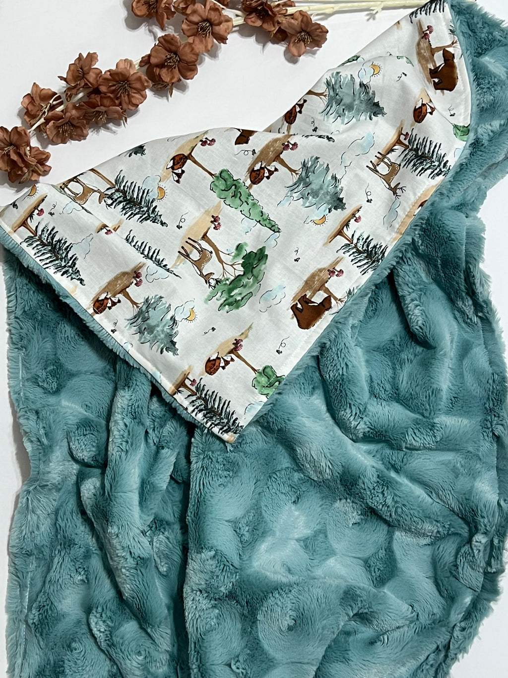 Forest Woodlands Animals of Bear, deer, and fox Baby Blanket Personalized for Nursery bedding with Minky or Luxe Fur Backing Baby girl or boy Gift in 3 Sizes