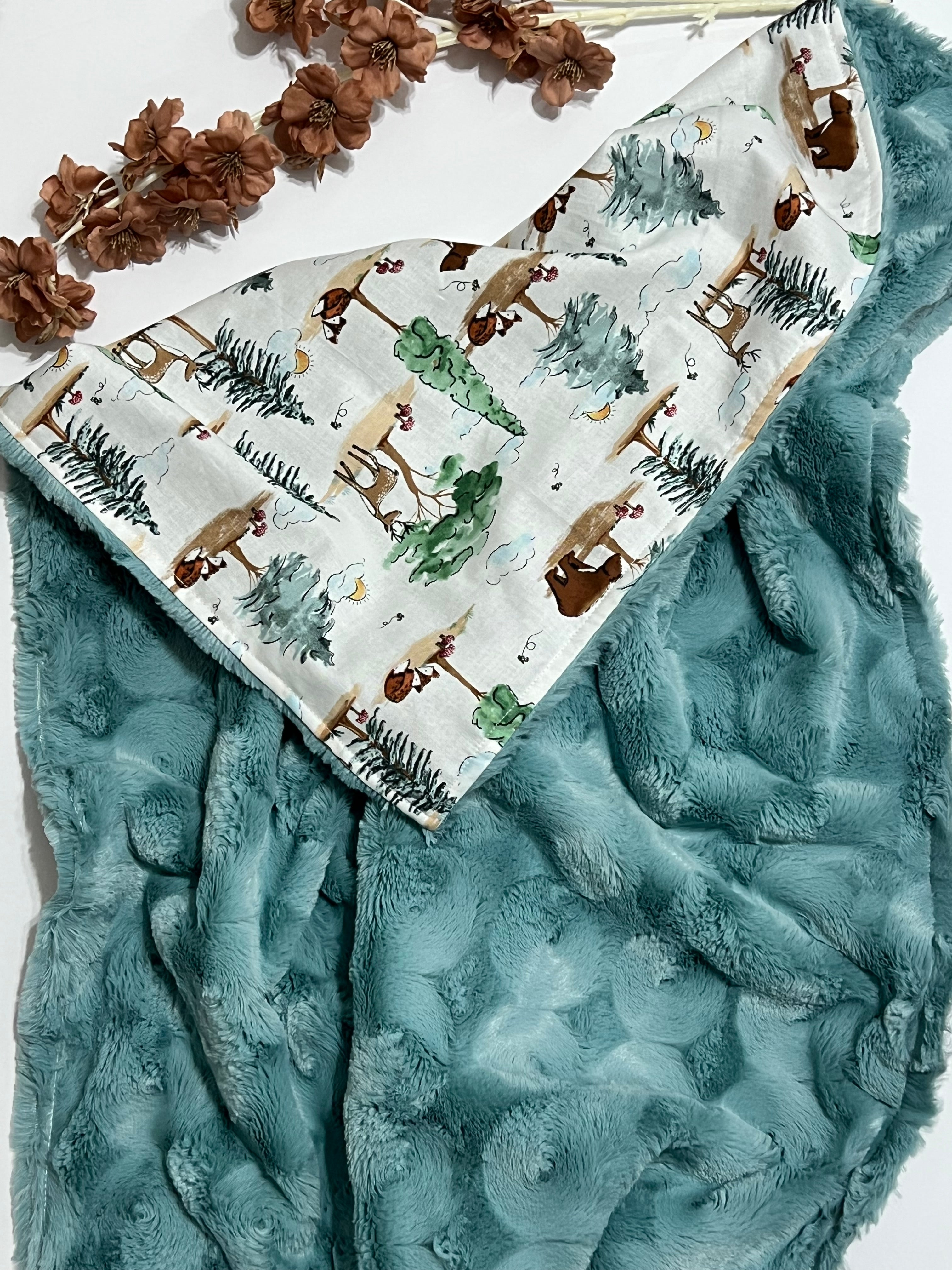Forest Woodlands Animals of Bear, deer, and fox Baby Blanket Personalized for Nursery bedding with Minky or Luxe Fur Backing Baby girl or boy Gift in 3 Sizes
