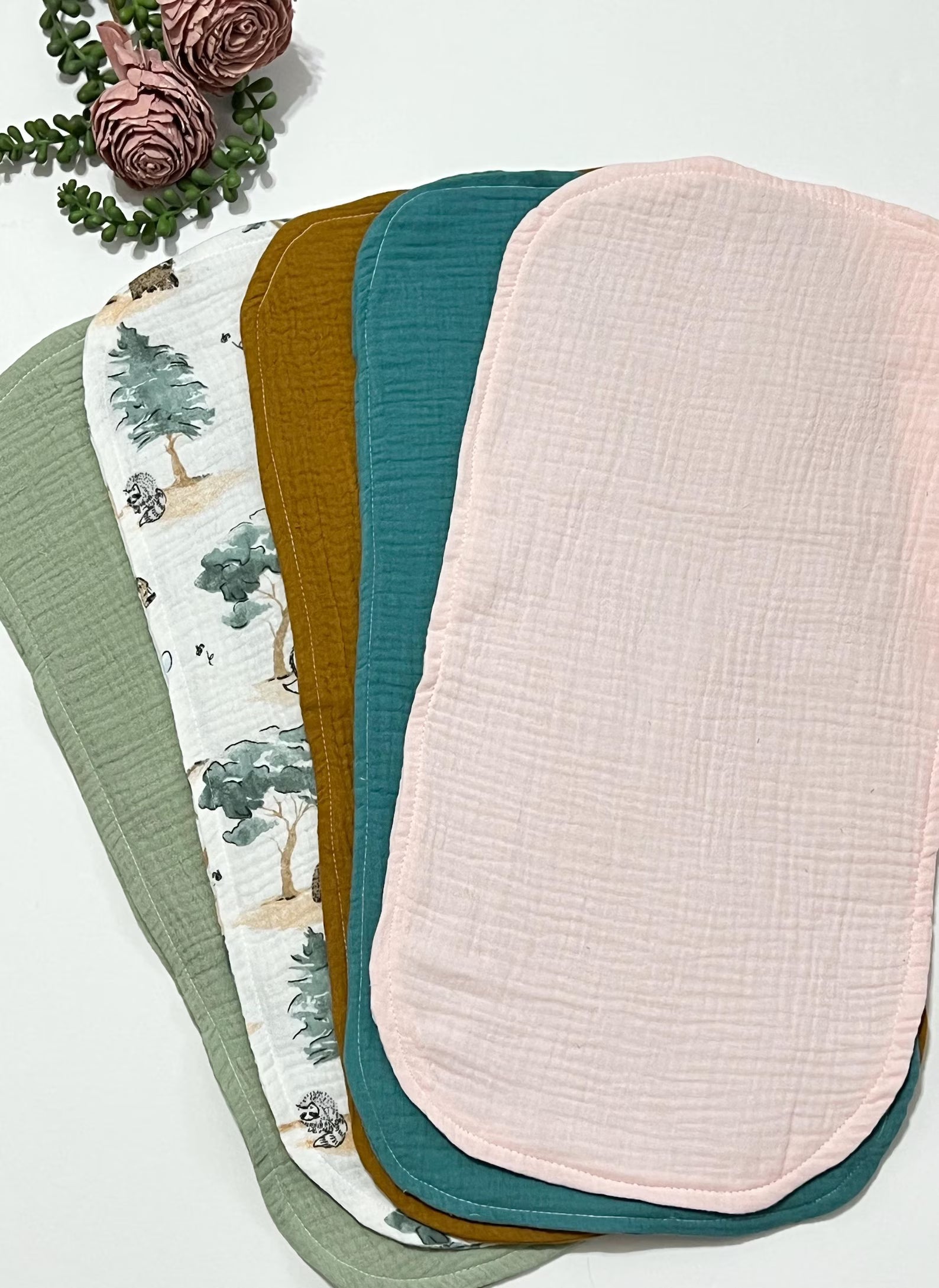 Muslin Cotton Baby Burp Cloth Set (2 Pack) – Soft 4-Layer Absorbent Gauze Burp Cloths – Boho Neutral & Woodland Nursery Colors
