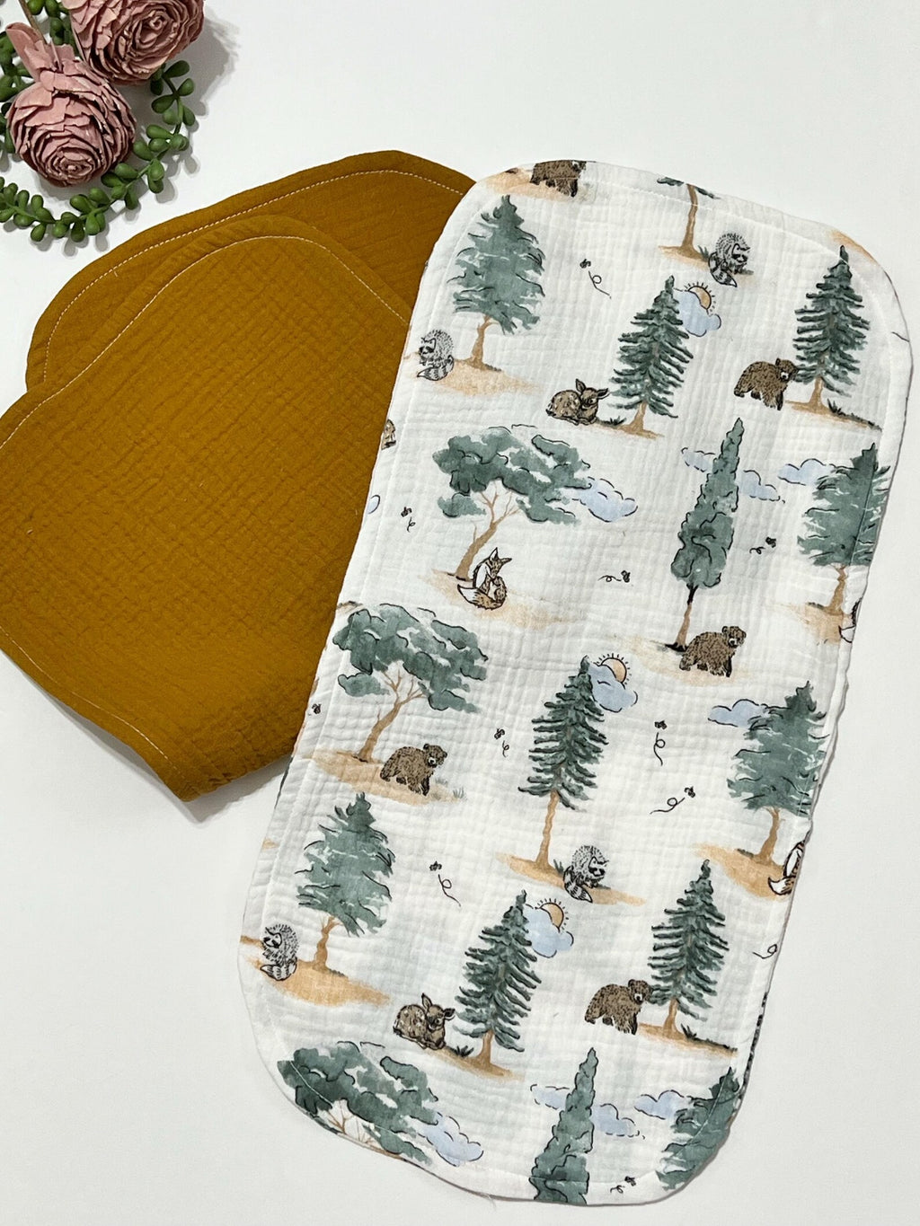 Muslin Cotton Baby Burp Cloth Set (2 Pack) – Soft 4-Layer Absorbent Gauze Burp Cloths – Boho Neutral & Woodland Nursery Colors