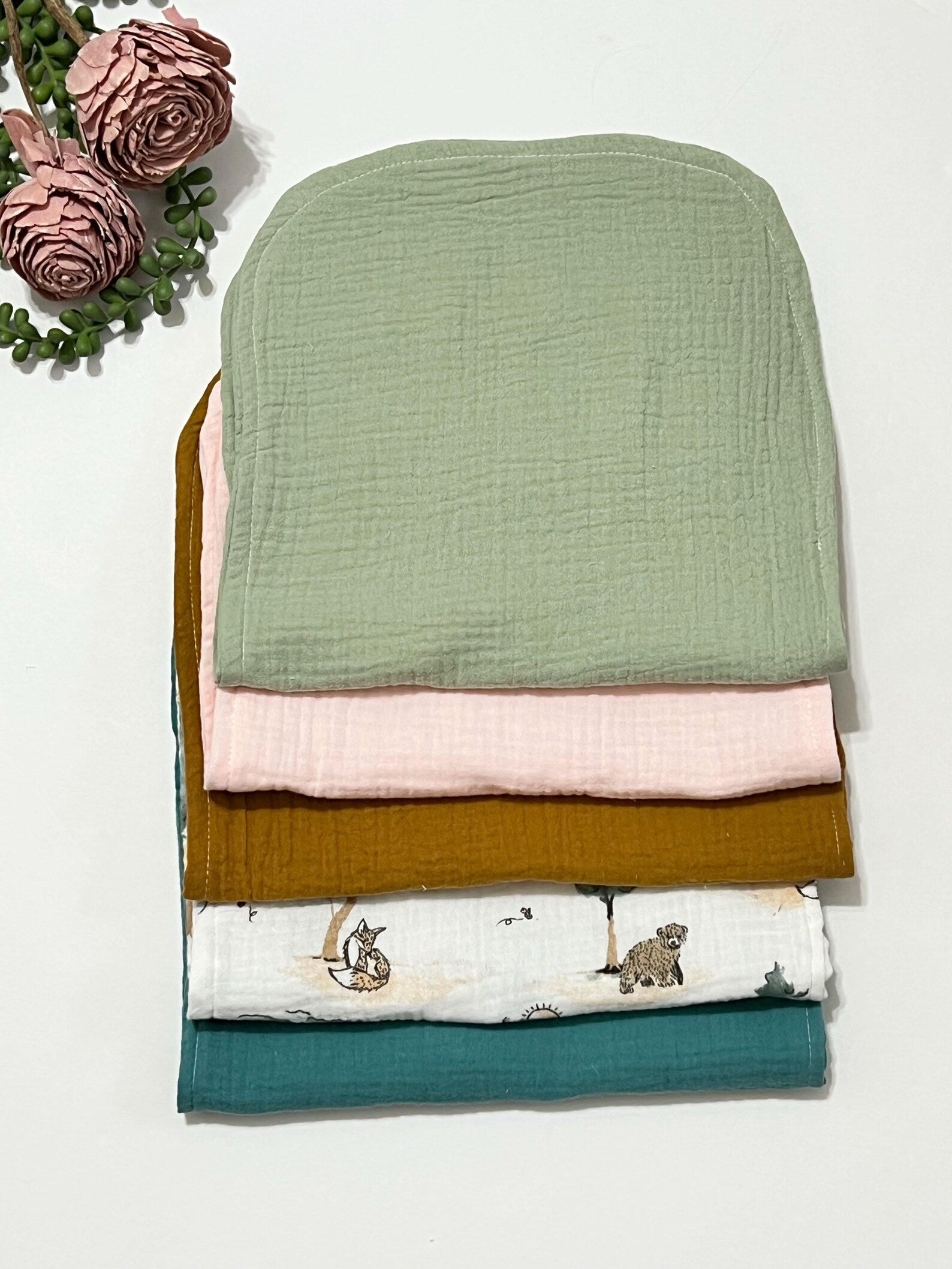 Muslin Cotton Baby Burp Cloth Set (2 Pack) – Soft 4-Layer Absorbent Gauze Burp Cloths – Boho Neutral & Woodland Nursery Colors