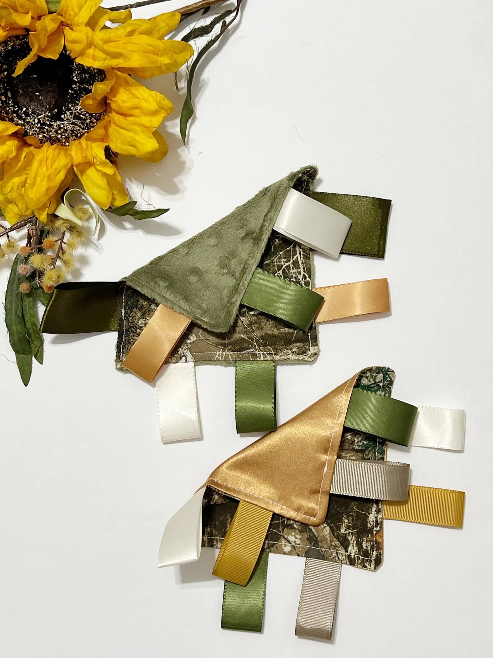 Camouflage Sensory Tag Lovey – 5" Pocket Comfort Blanket with Minky or Satin Backing – Hunting Nursery Ribbon Tag Lovey