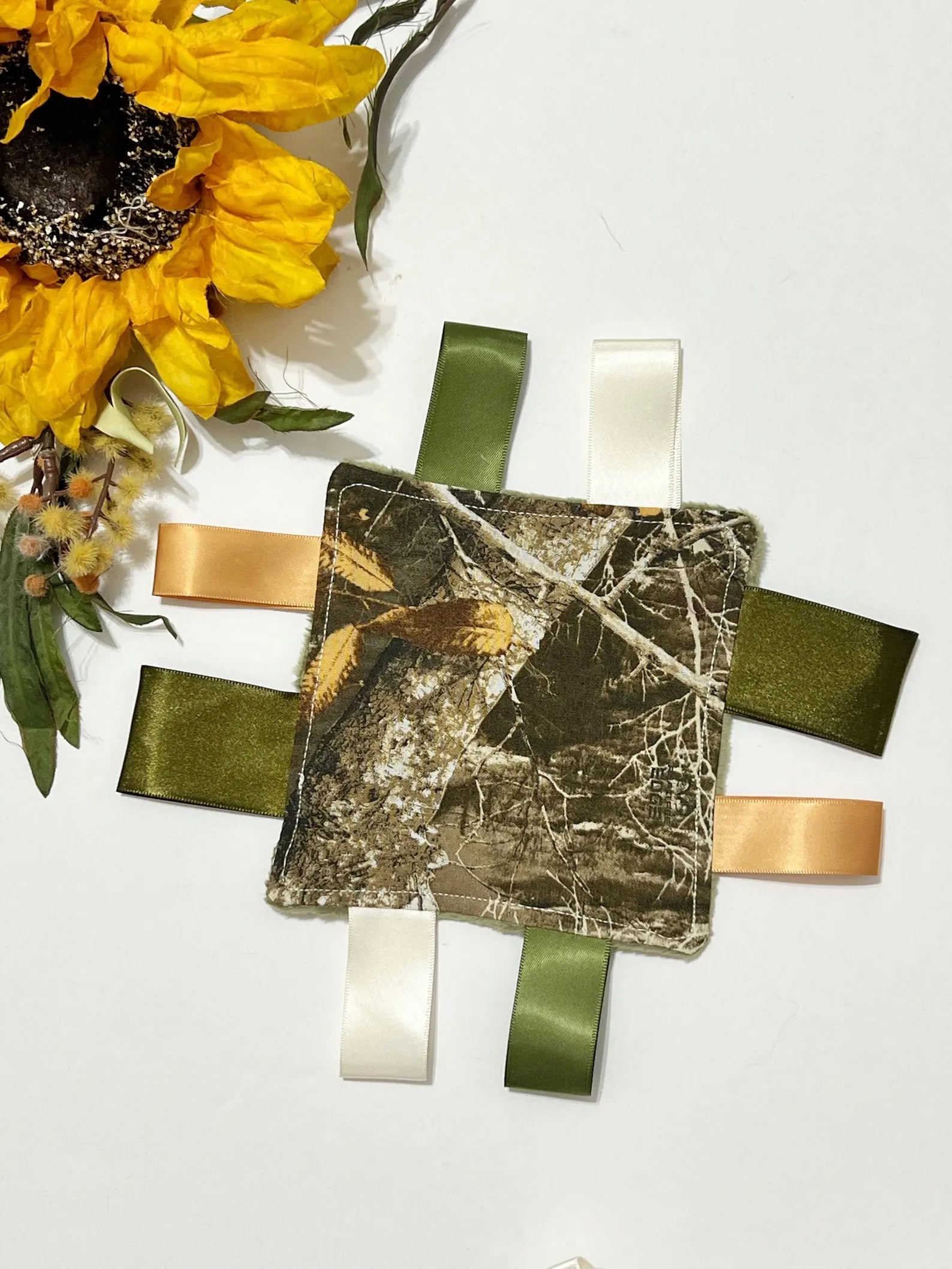 Camouflage Sensory Tag Lovey – 5" Pocket Comfort Blanket with Minky or Satin Backing – Hunting Nursery Ribbon Tag Lovey