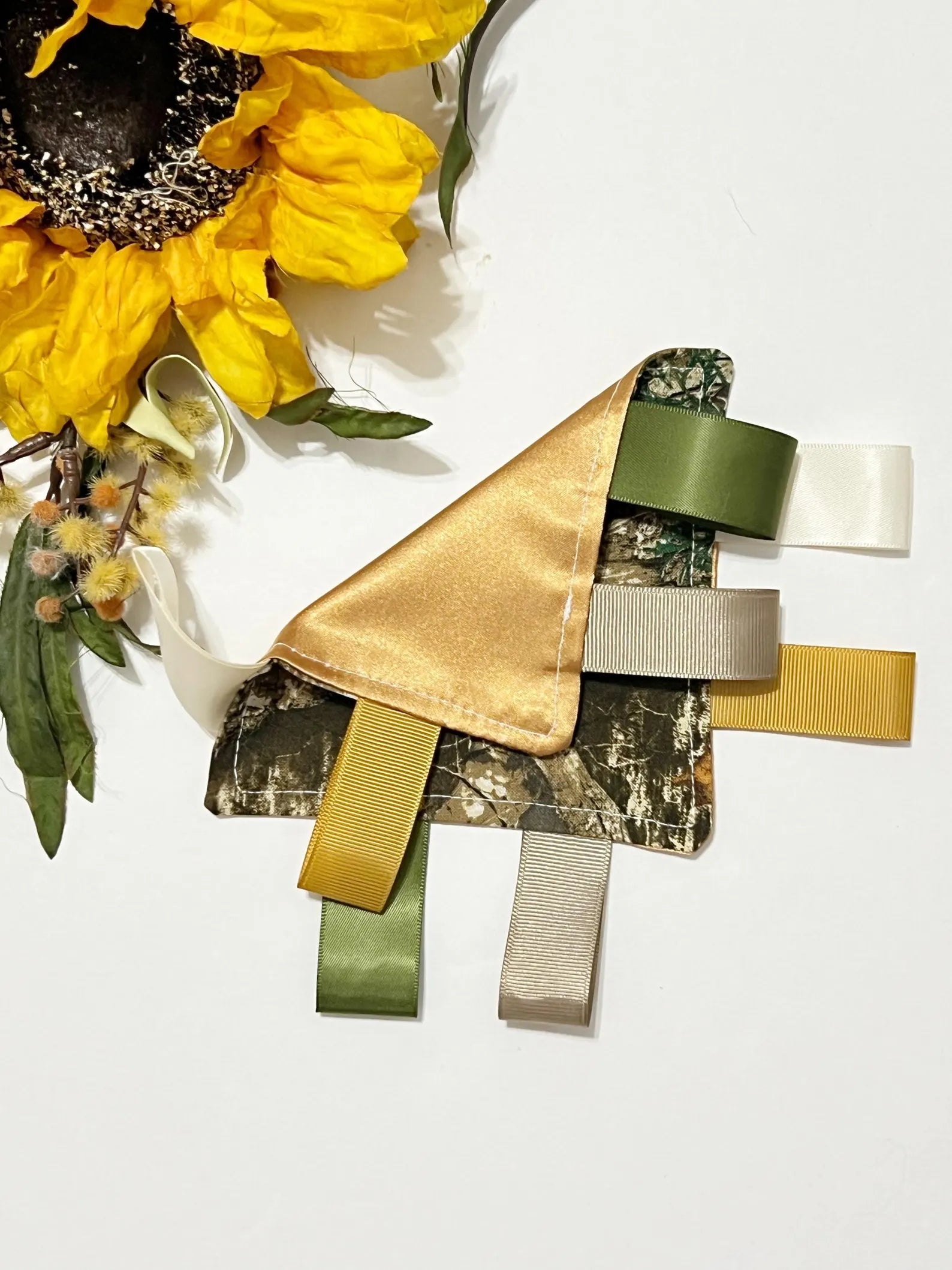 Camouflage Sensory Tag Lovey – 5" Pocket Comfort Blanket with Minky or Satin Backing – Hunting Nursery Ribbon Tag Lovey
