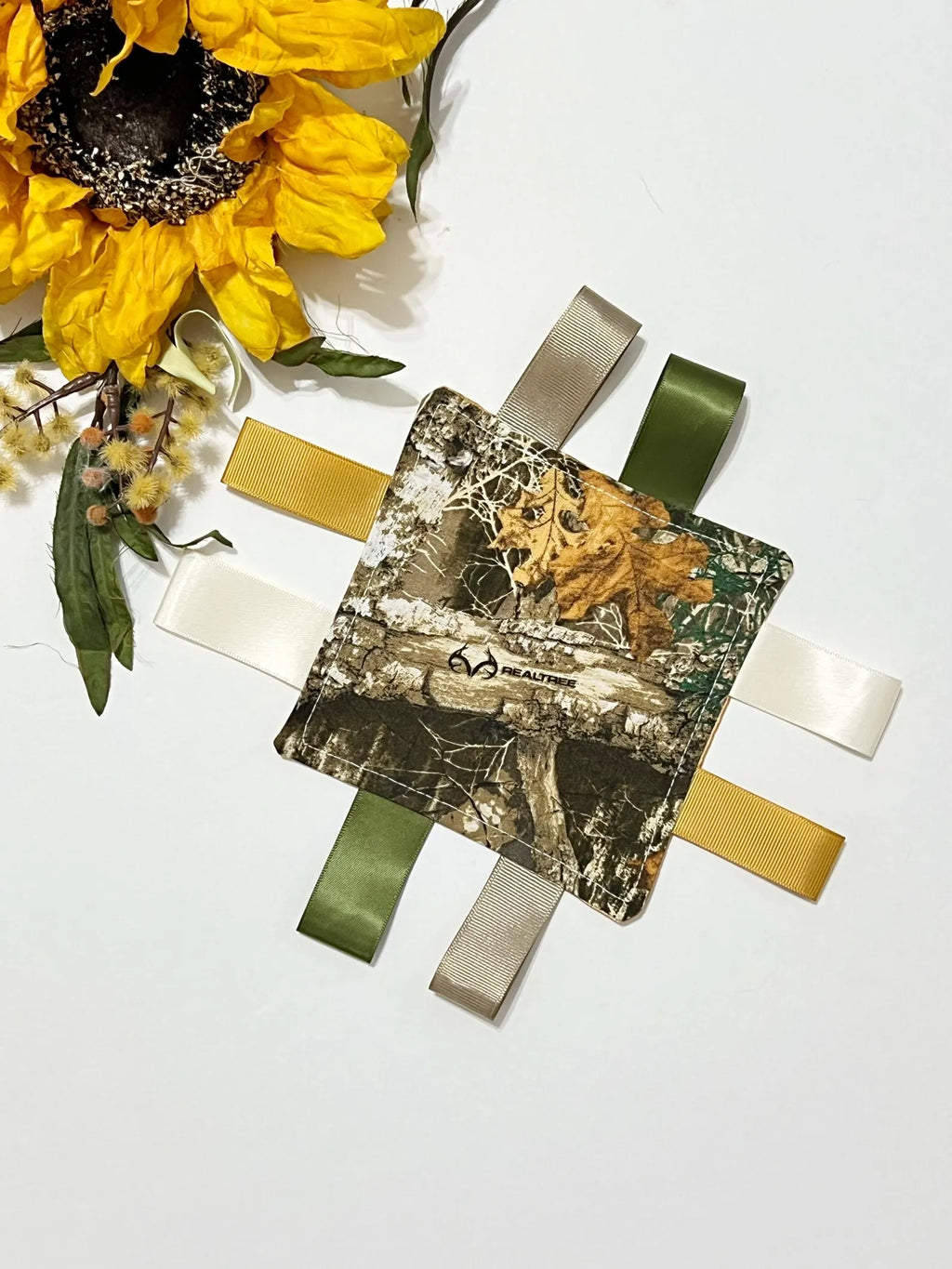 Camouflage Sensory Tag Lovey – 5" Pocket Comfort Blanket with Minky or Satin Backing – Hunting Nursery Ribbon Tag Lovey