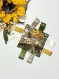 Camouflage Sensory Tag Lovey – 5" Pocket Comfort Blanket with Minky or Satin Backing – Hunting Nursery Ribbon Tag Lovey
