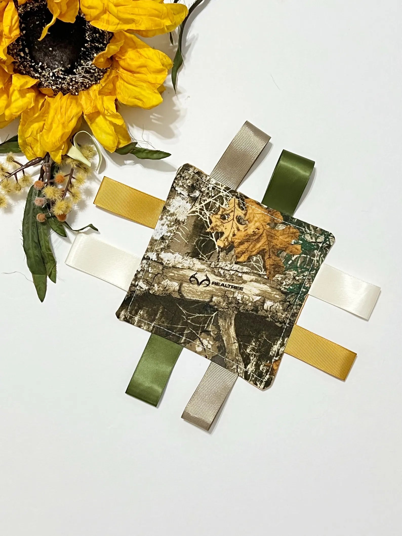 Camouflage Sensory Tag Lovey – 5" Pocket Comfort Blanket with Minky or Satin Backing – Hunting Nursery Ribbon Tag Lovey