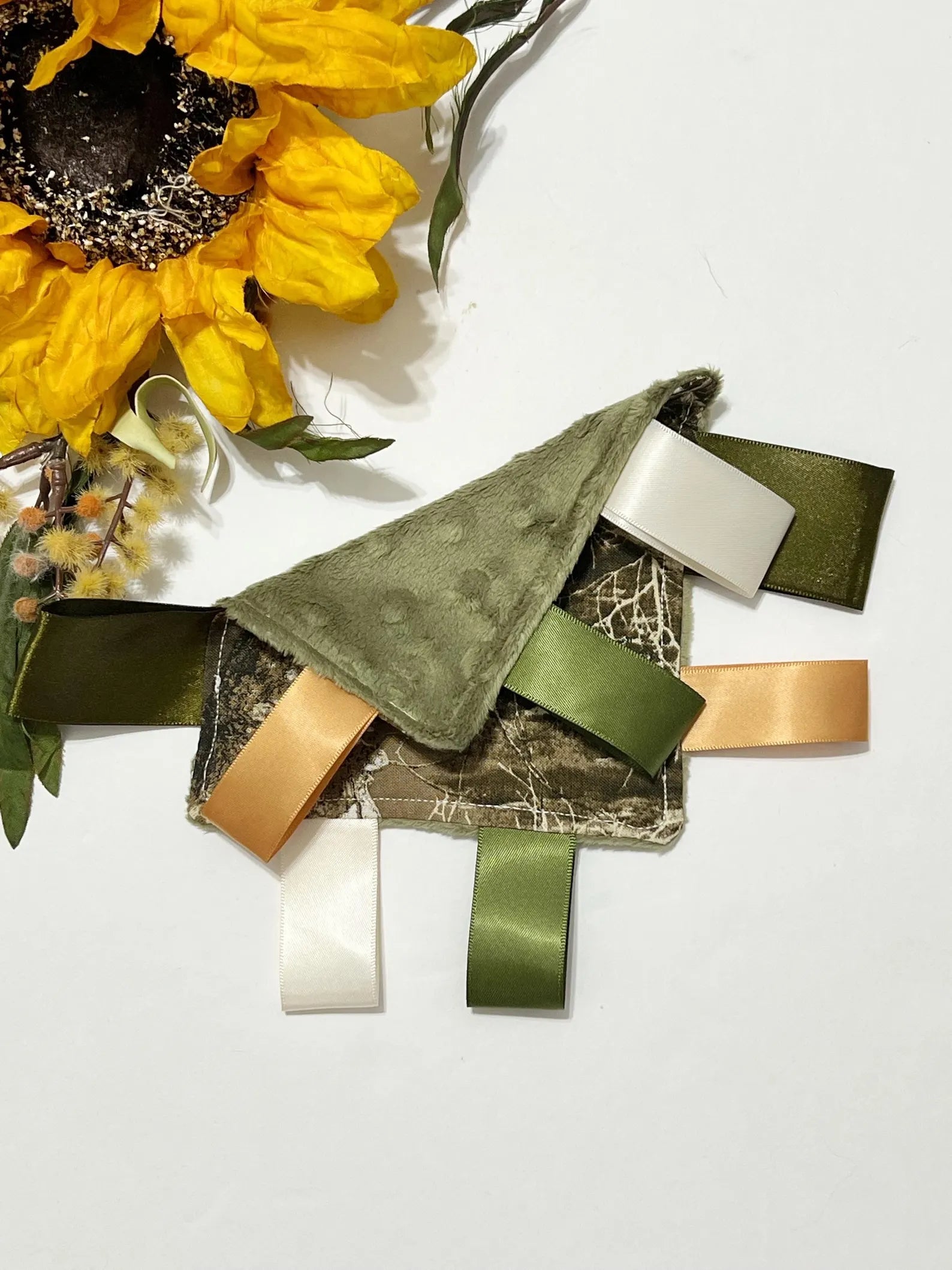 Camouflage Sensory Tag Lovey – 5" Pocket Comfort Blanket with Minky or Satin Backing – Hunting Nursery Ribbon Tag Lovey