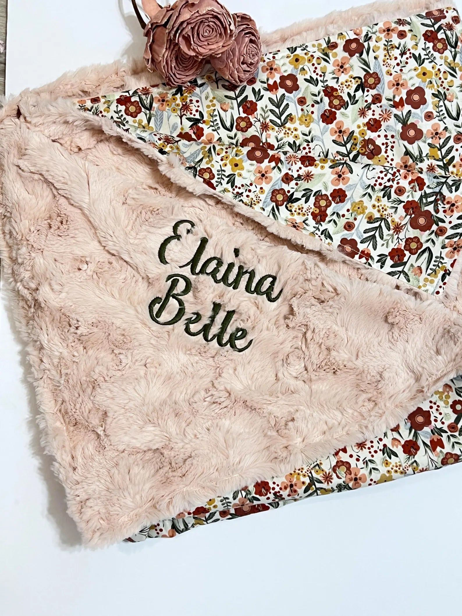 Boho Floral Baby Girl Lovey Blanket – 18" Security Blanket with Minky or Luxe Fur Backing – Personalized Baby Lovey Gift