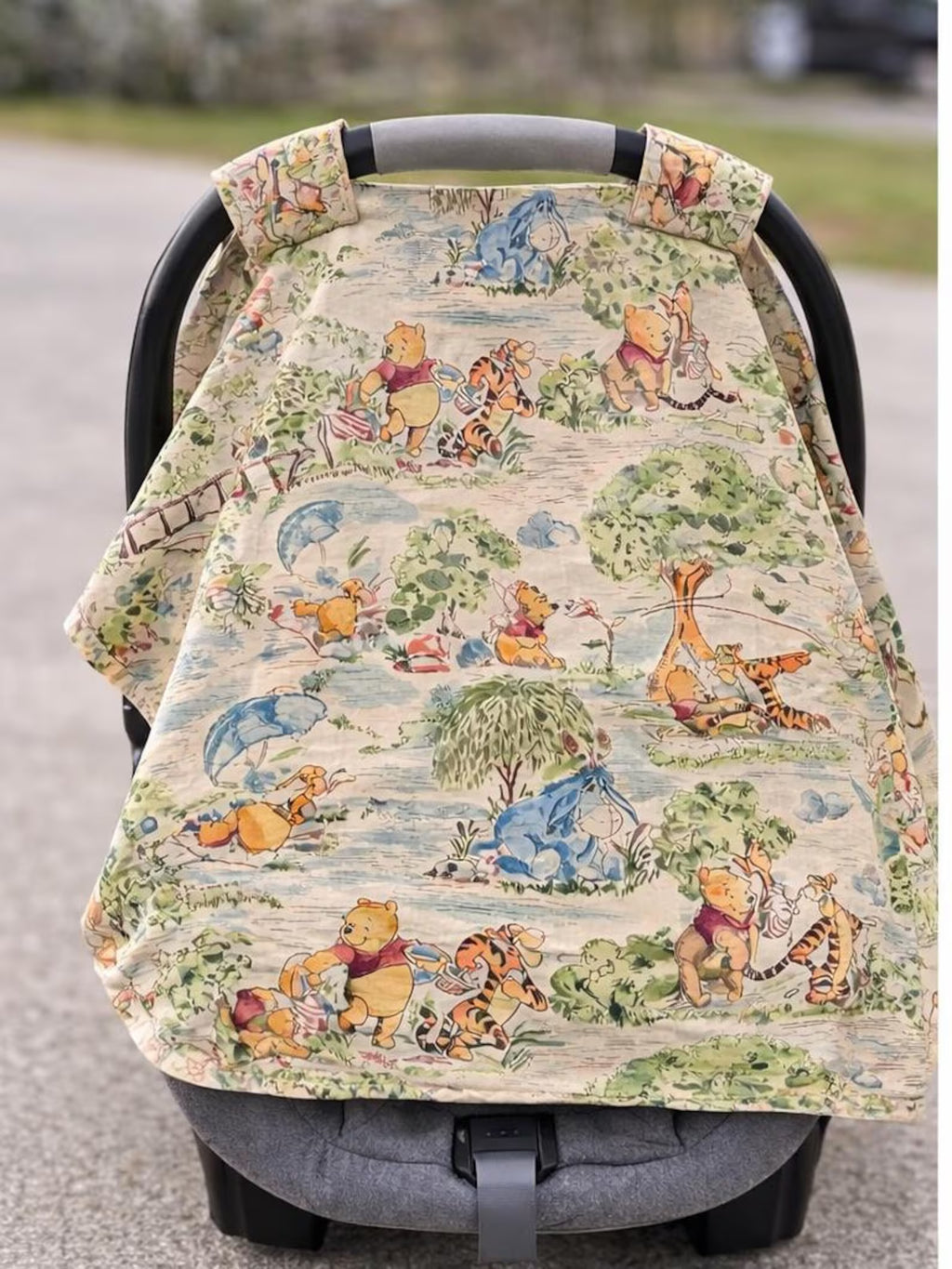 Winnie the Pooh Infant Car Seat Canopy Cover with Strap Covers – Personalized Baby Car Seat Cover Set with Vintage Pooh Fabric