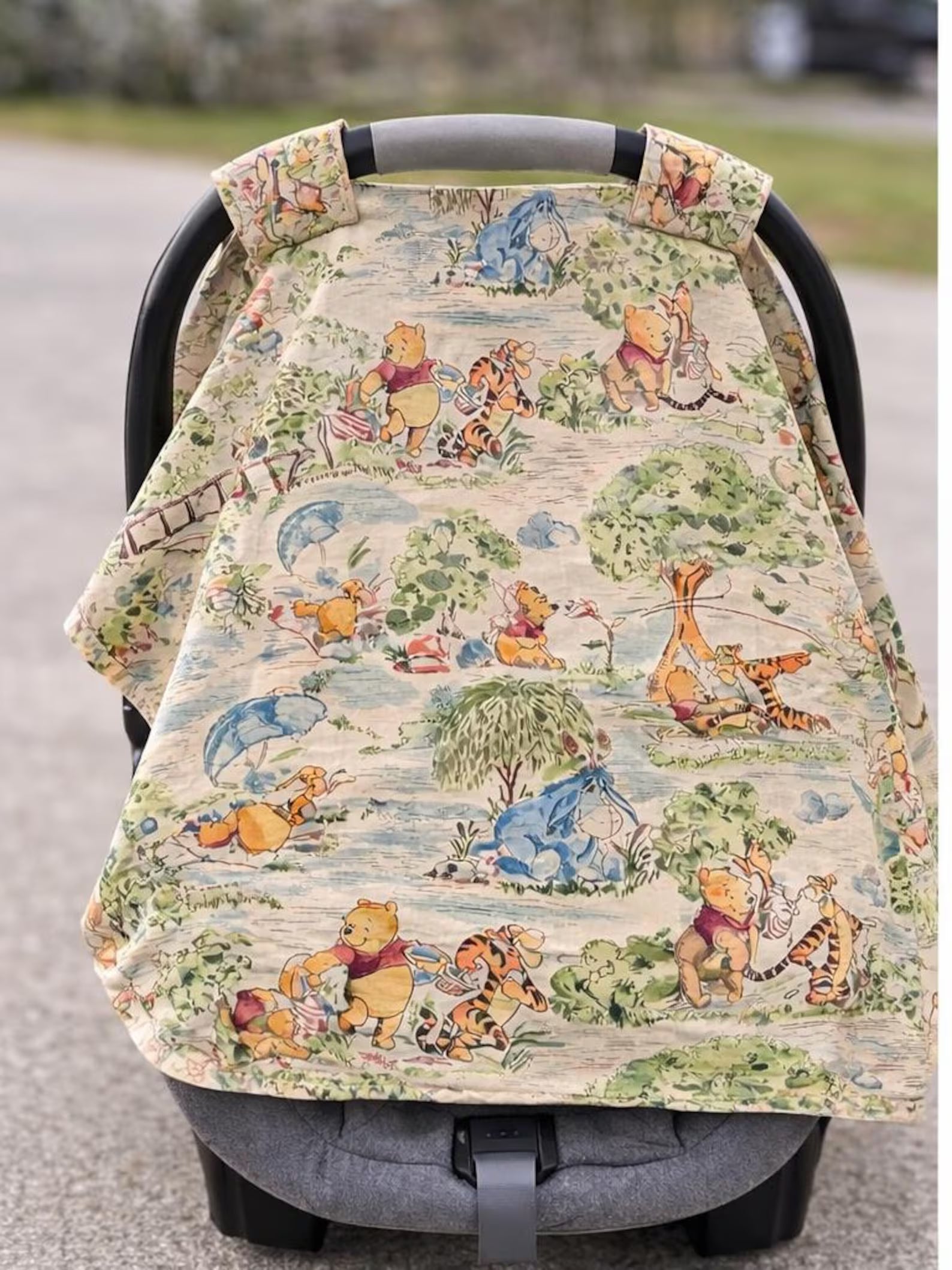 Winnie the Pooh Infant Car Seat Canopy Cover with Strap Covers – Personalized Baby Car Seat Cover Set with Vintage Pooh Fabric