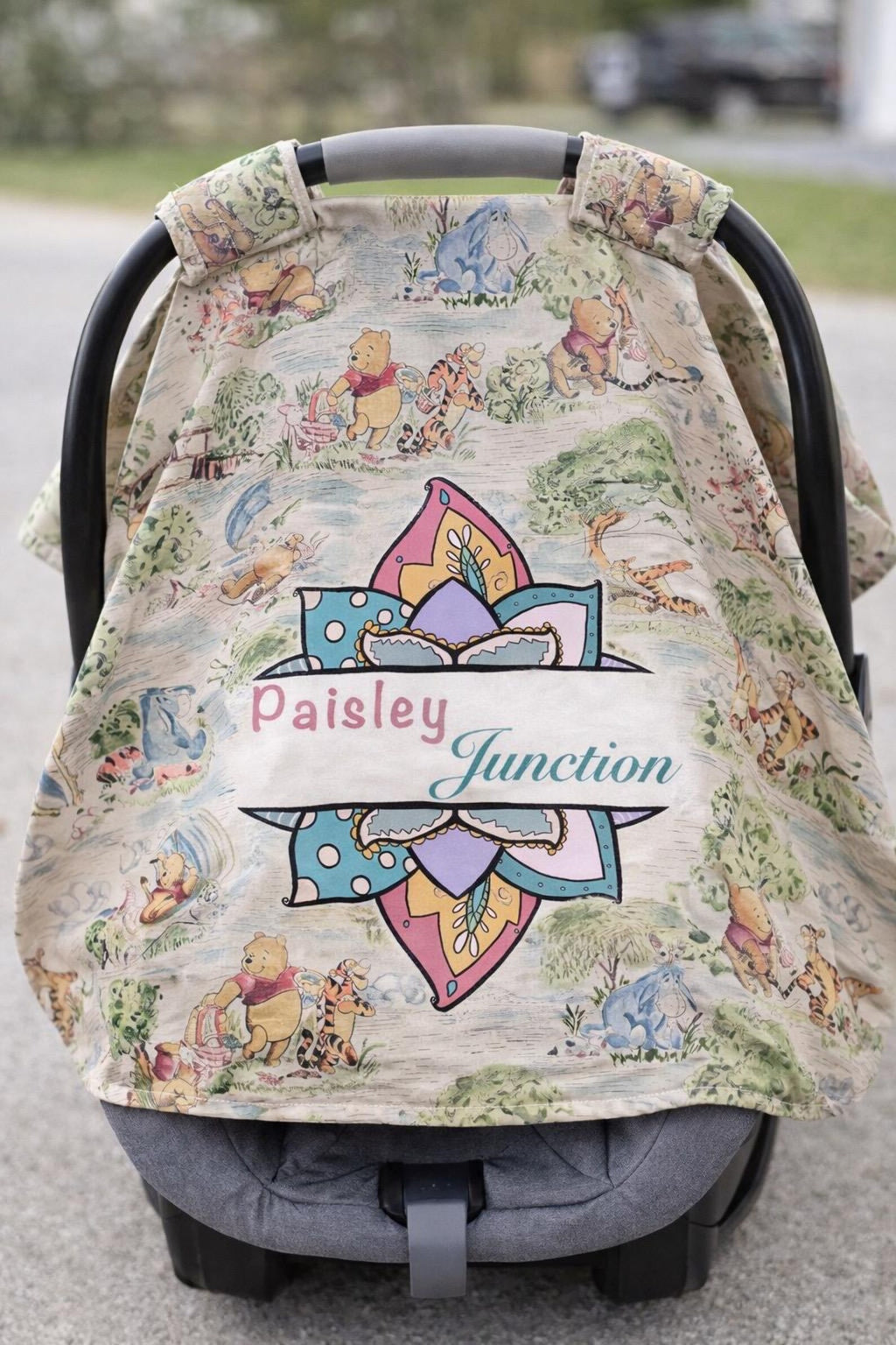 Winnie the Pooh Infant Car Seat Canopy Cover with Strap Covers – Personalized Baby Car Seat Cover Set with Vintage Pooh Fabric