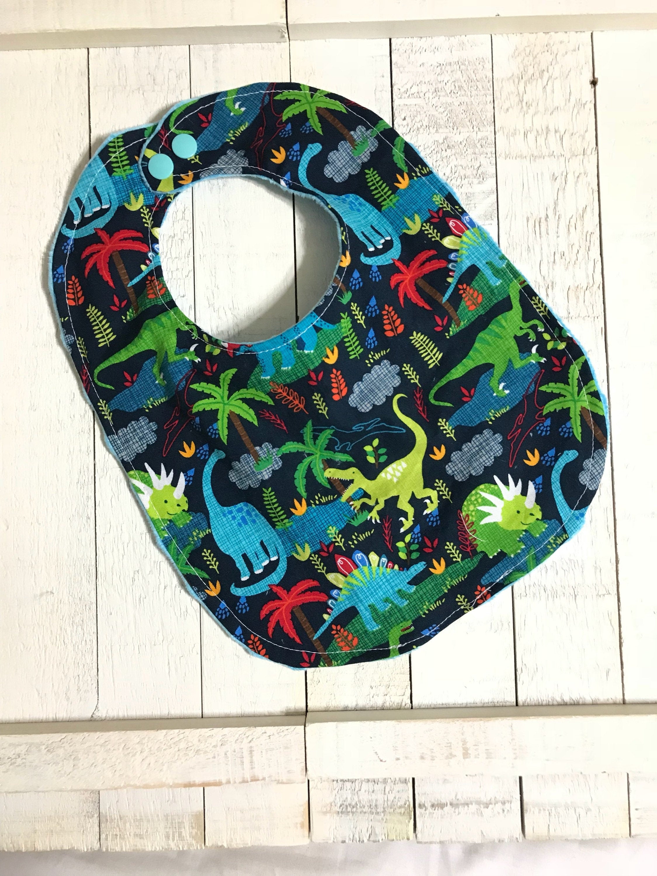 Dinosaur Bib for baby or toddler made from cotton & Minky dot, green and blue Dinos Bib, choose back color