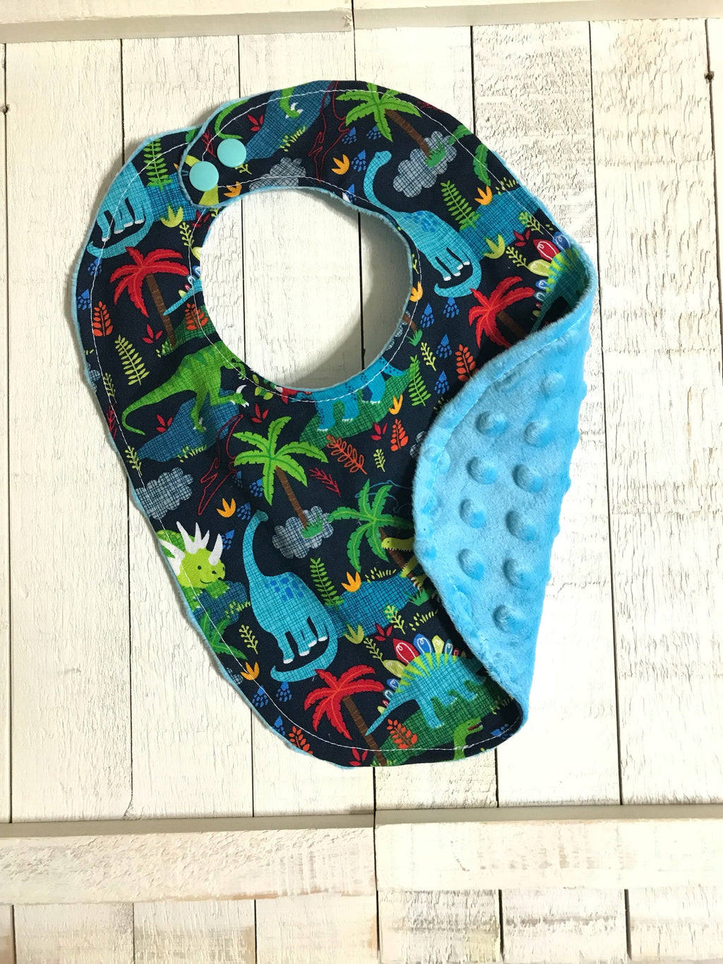 Dinosaur Bib for baby or toddler made from cotton & Minky dot, green and blue Dinos Bib, choose back color