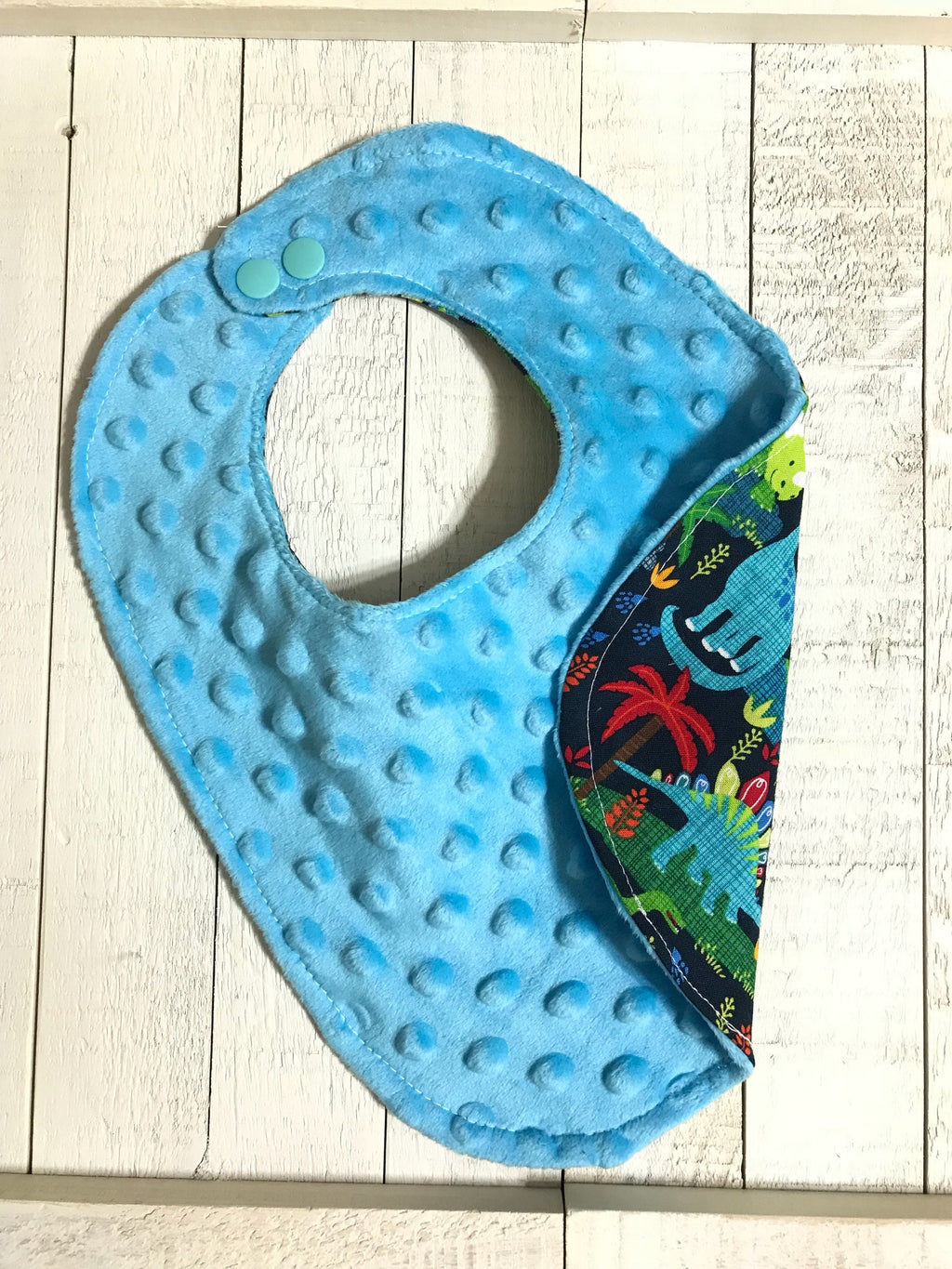 Dinosaur Bib for baby or toddler made from cotton & Minky dot, green and blue Dinos Bib, choose back color