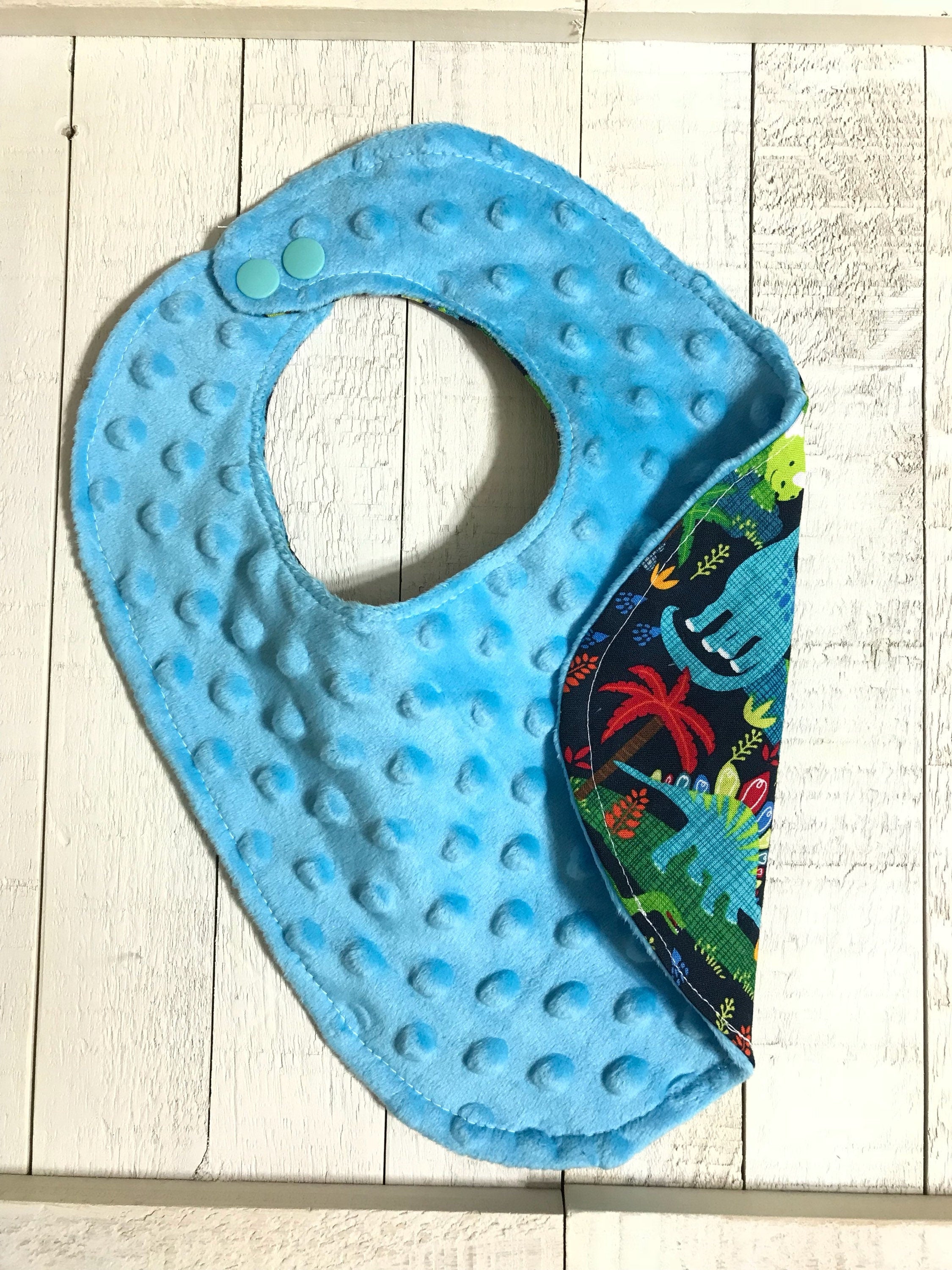 Dinosaur Bib for baby or toddler made from cotton & Minky dot, green and blue Dinos Bib, choose back color