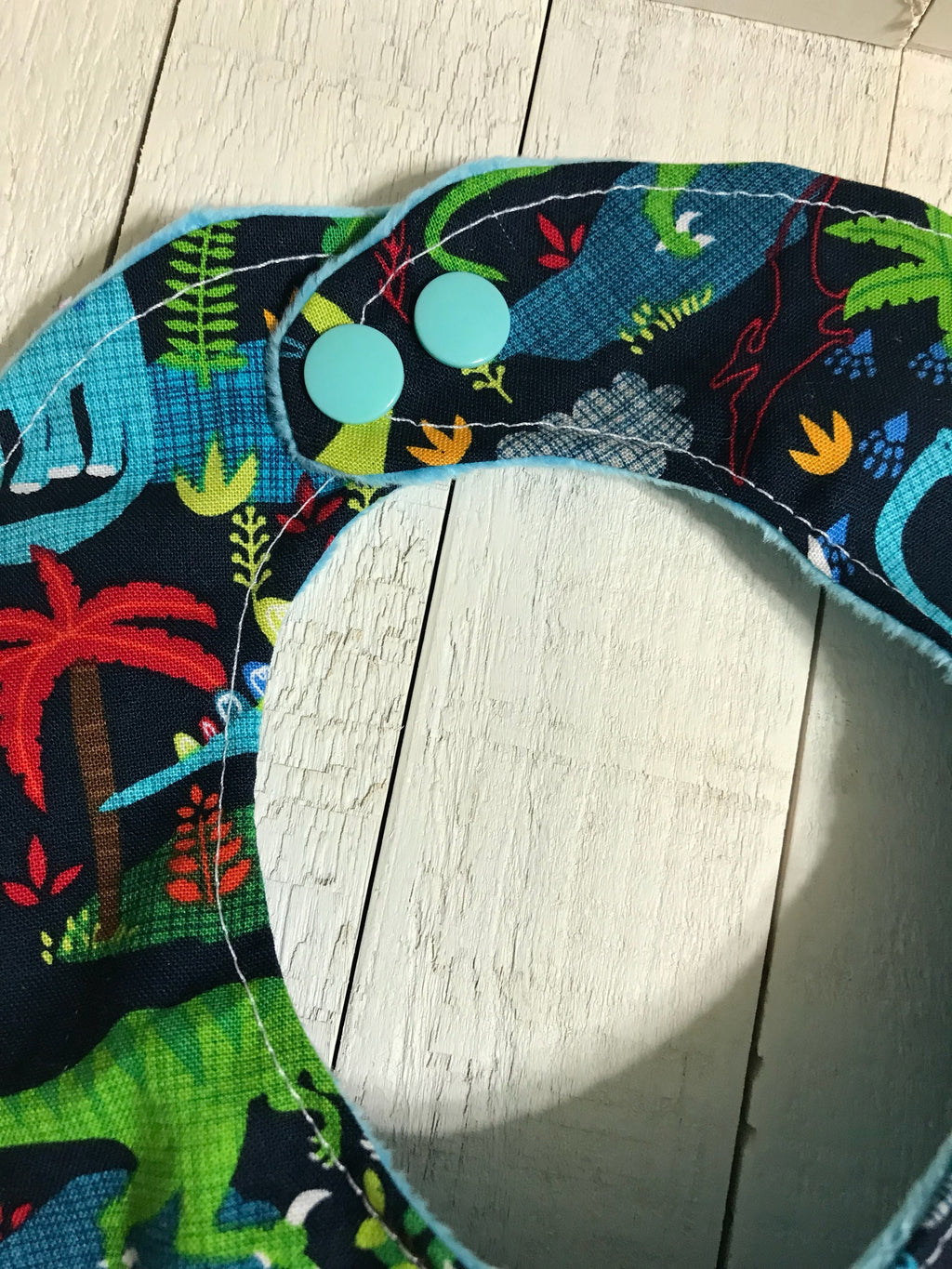 Dinosaur Bib for baby or toddler made from cotton & Minky dot, green and blue Dinos Bib, choose back color