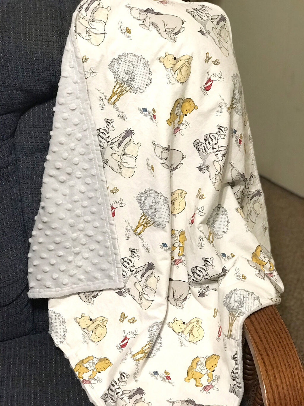 Personalize Baby Blanket made from Winnie the Pooh fabric for girl or boy in Cotton and minky, baby shower gift, Piglet Eeyore Tigger print