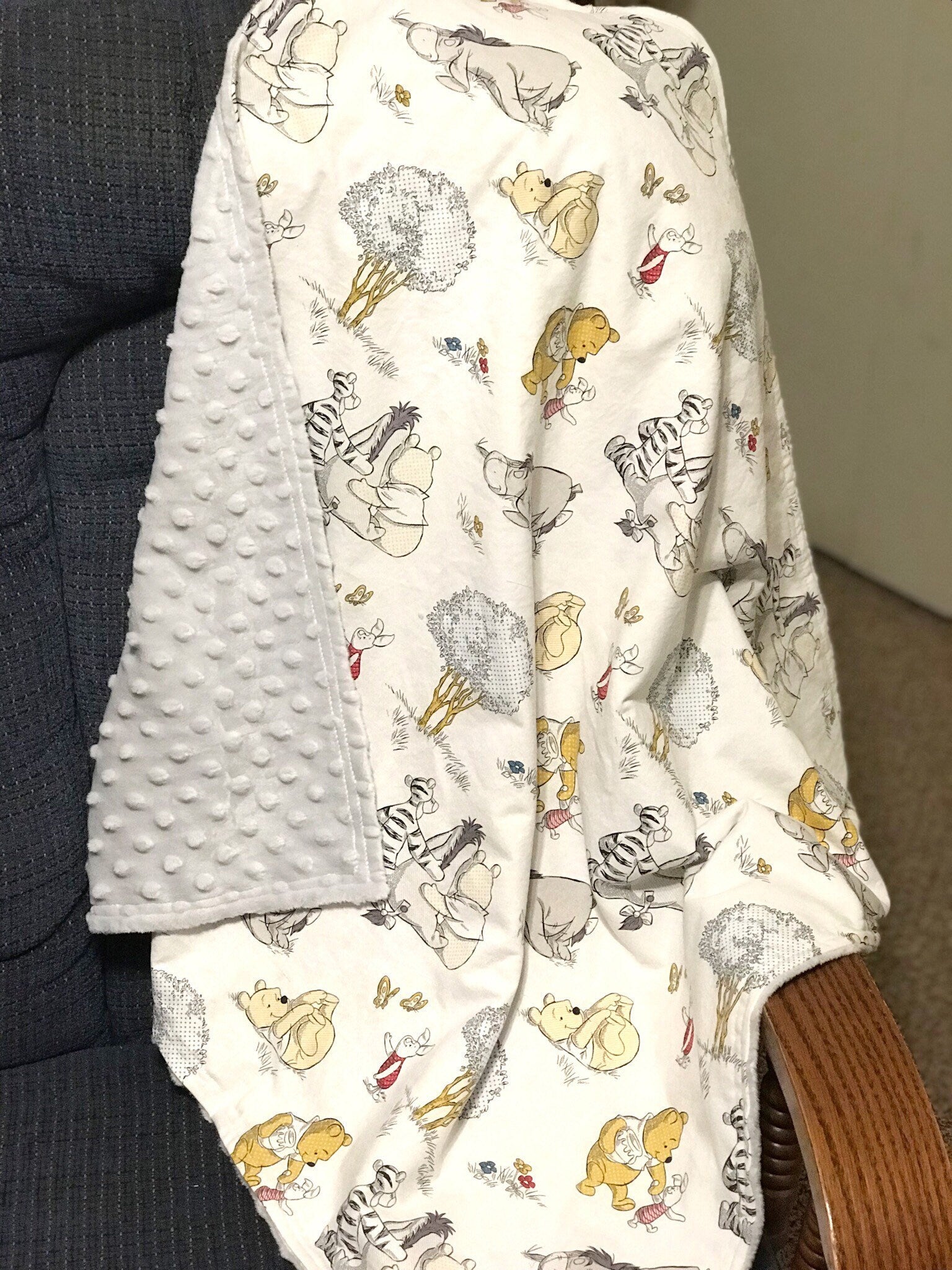 Personalize Baby Blanket made from Winnie the Pooh fabric for girl or boy in Cotton and minky, baby shower gift, Piglet Eeyore Tigger print