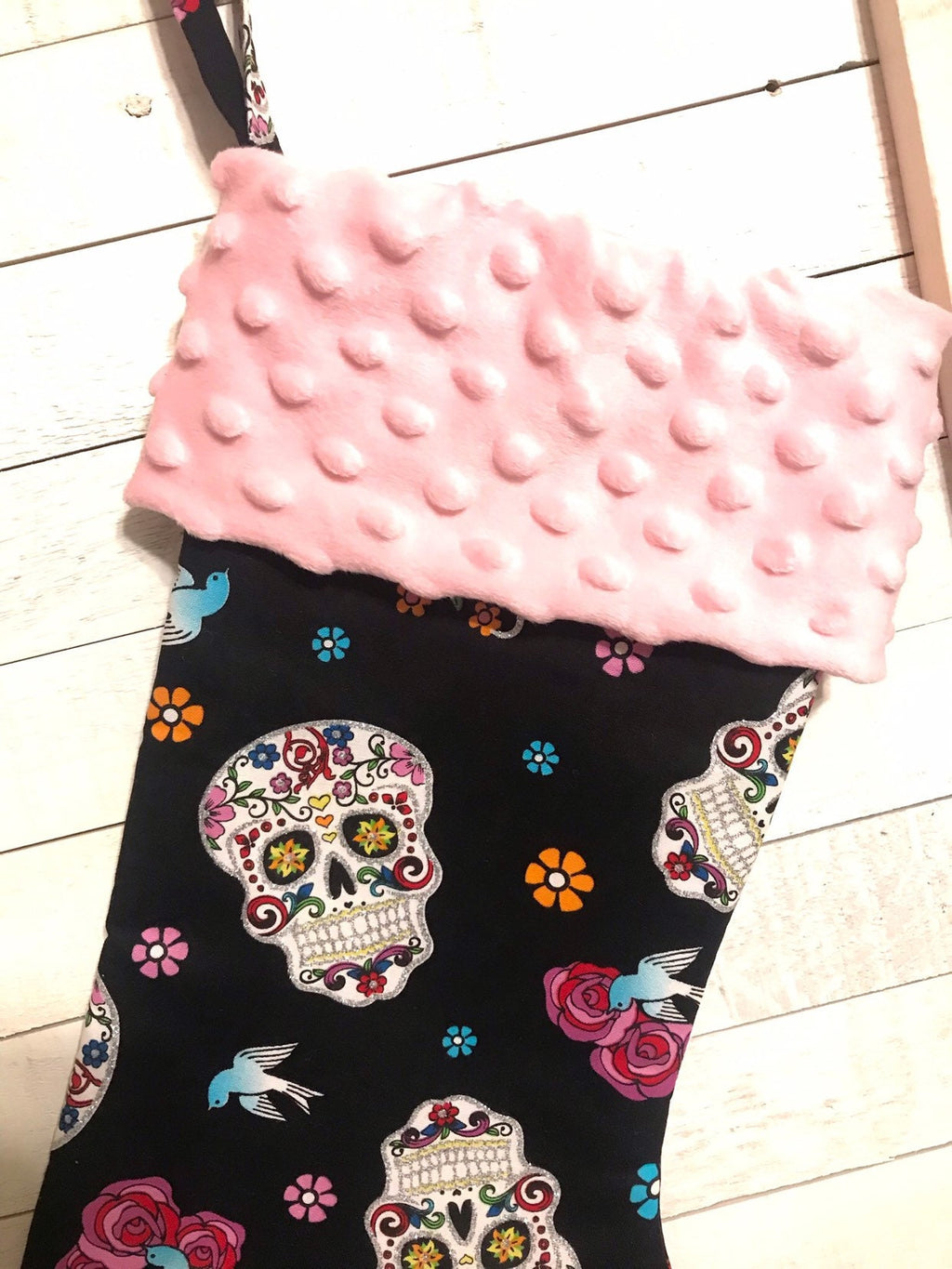 Sugar Skull personalized Christmas stocking, glitter black sugar skull or red Cotton and Minky cuff, fully lined 18” stocking