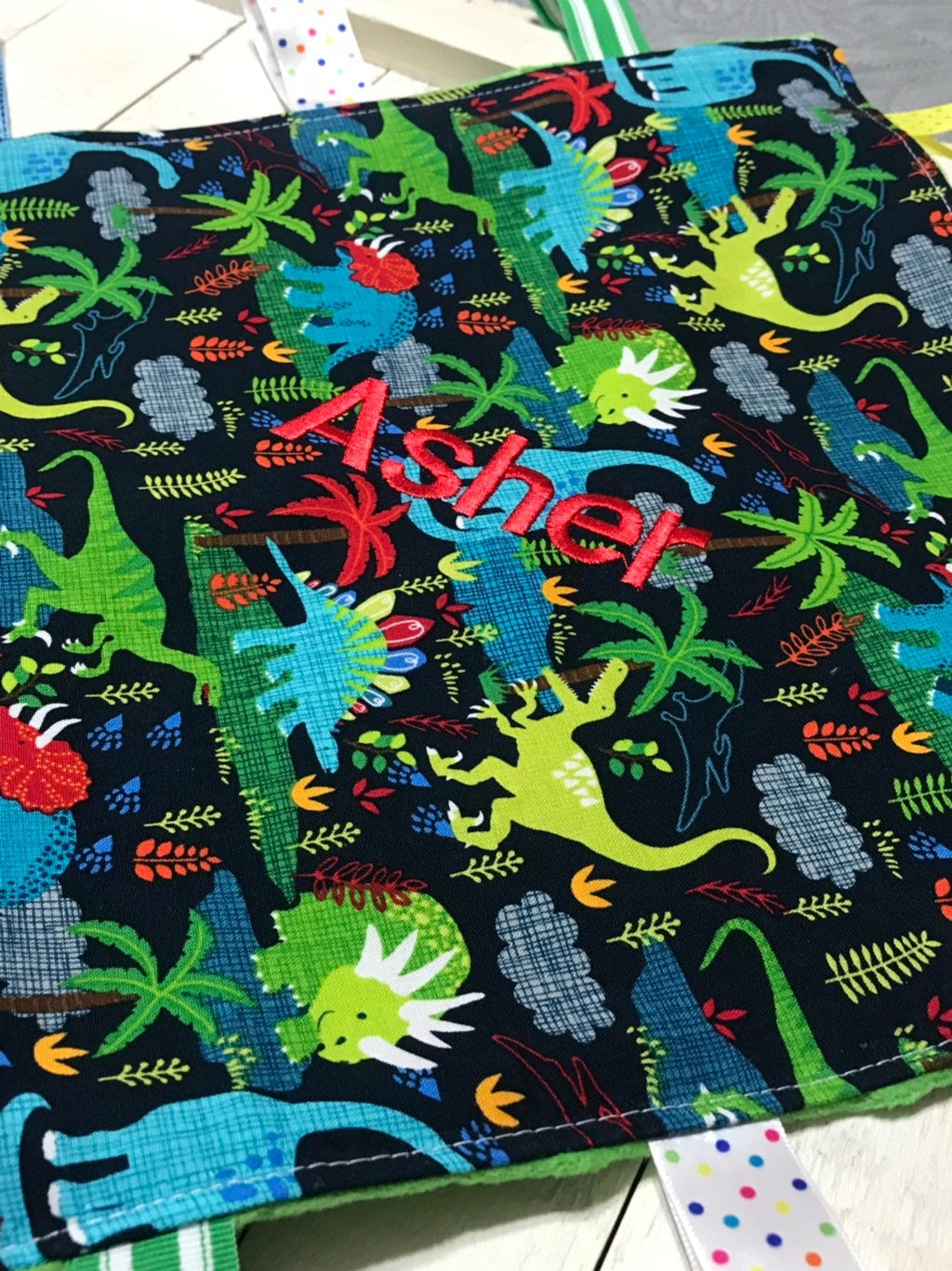 Dinosaur Blanket lovey - cotton fabric toy ~ can personalize ~ sensory blanket lovey ~ Cotton minky ~ baby shower gift ~ 12”