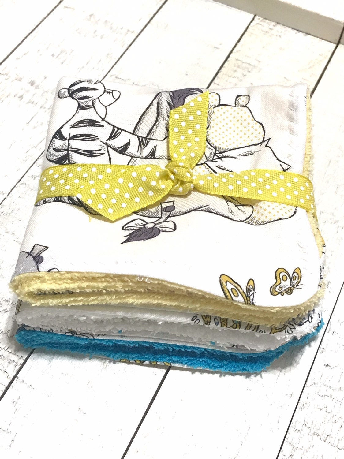Baby toddler wash cloths sewn from Winnie the Pooh fabric for girl or boy in cotton and terry cloth, shower gift, set of 3 wash rags, 10” ea