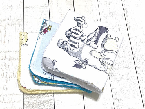 Baby toddler wash cloths sewn from Winnie the Pooh fabric for girl or boy in cotton and terry cloth, shower gift, set of 3 wash rags, 10” ea