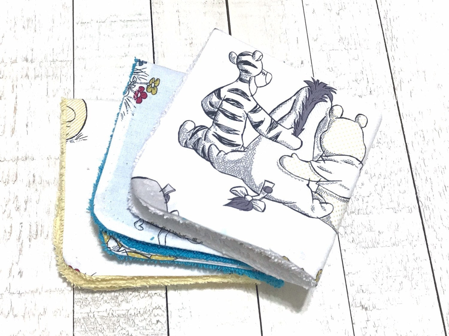 Baby toddler wash cloths 3 set made from Winnie the Pooh cotton and terry cloth,  shower gift with personalize option, other fabric prints