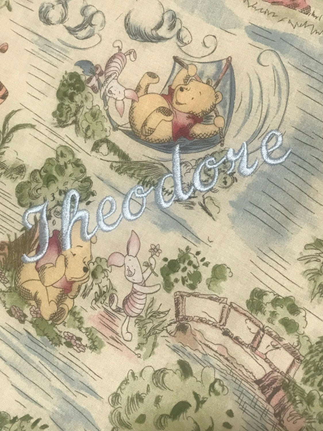 Baby blanket nursery bedding made from Winnie the Pooh fabric for boy or girl in Cotton and soft blush pink minky, personalized gift