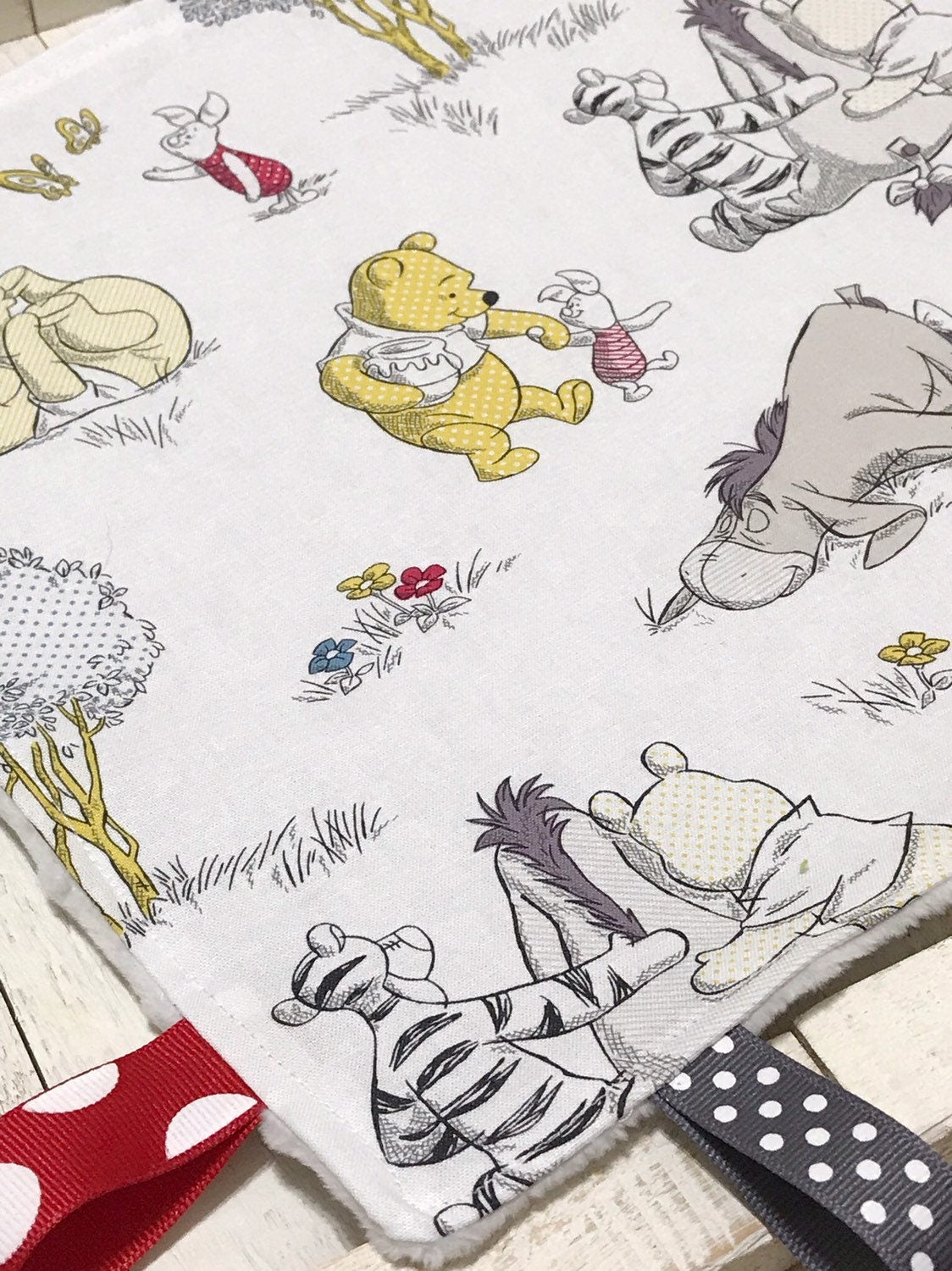 Sensory crinkle or Blanket tag lovey - made from Winnie the Pooh fabric ~ personalize ~ Cotton minky security toy ~ baby shower gift 12"