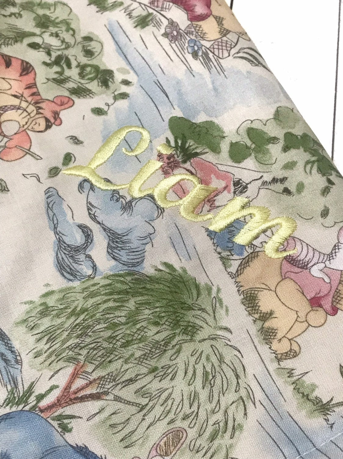 Baby crib Blanket made from Winnie the Pooh fabric for boy or girl, Cotton and gray minky, personalize baby shower gift ~ 28"