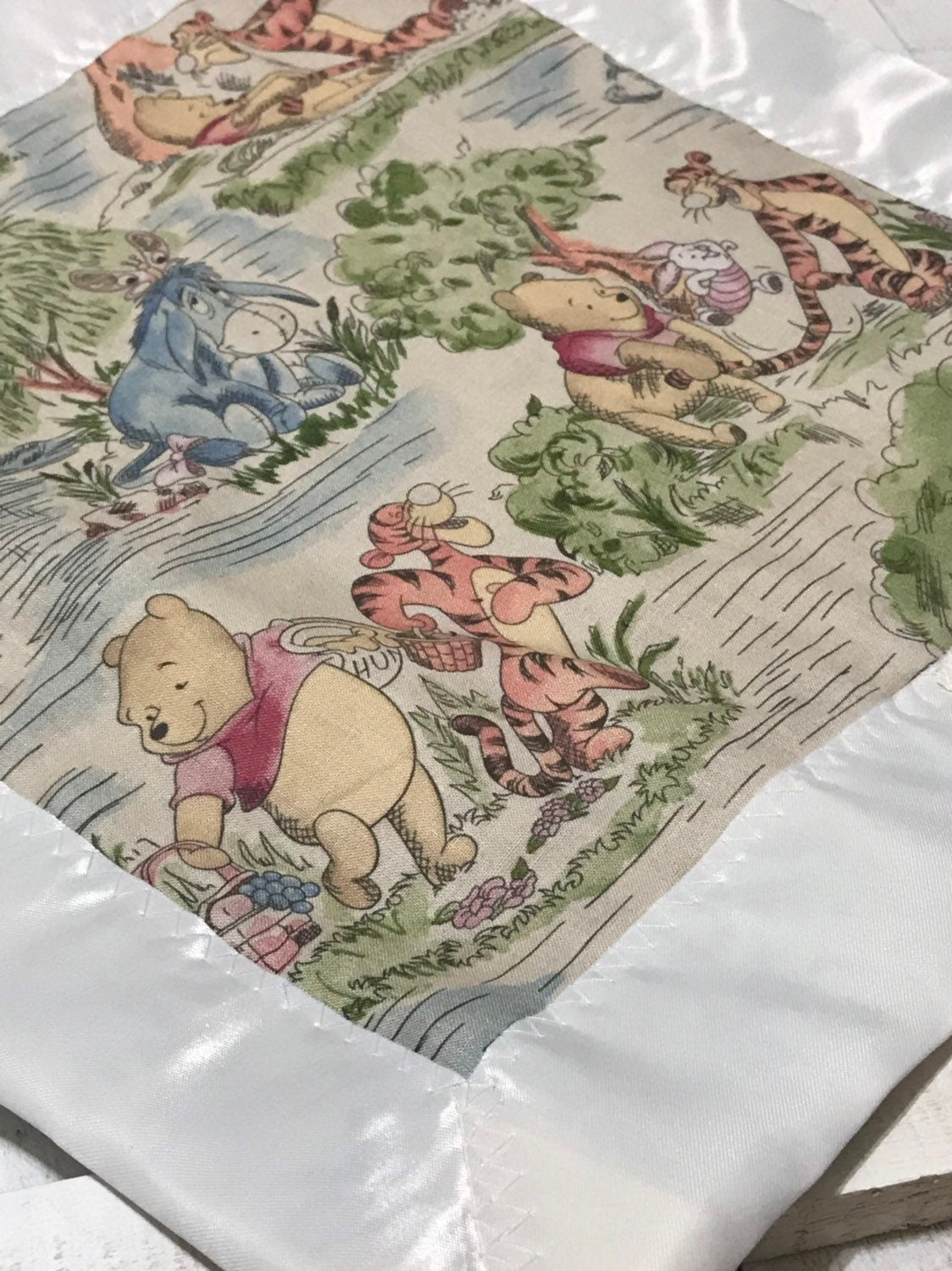 Baby toddler 12" lovey made from Winnie the Pooh fabric with satin binding and minky back, choose minky color, personalized baby shower gift