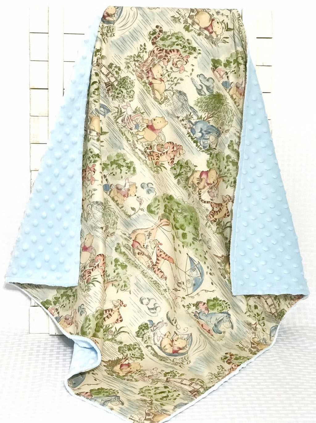 Baby crib Blanket made from Winnie the Pooh fabric ~ baby boy blanket in Cotton and blue minky, baby shower gift, 32"x36" or 32 x 40