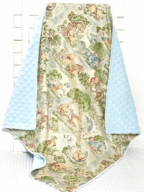 Baby crib Blanket made from Winnie the Pooh fabric ~ baby boy blanket in Cotton and blue minky, baby shower gift, 32"x36" or 32 x 40