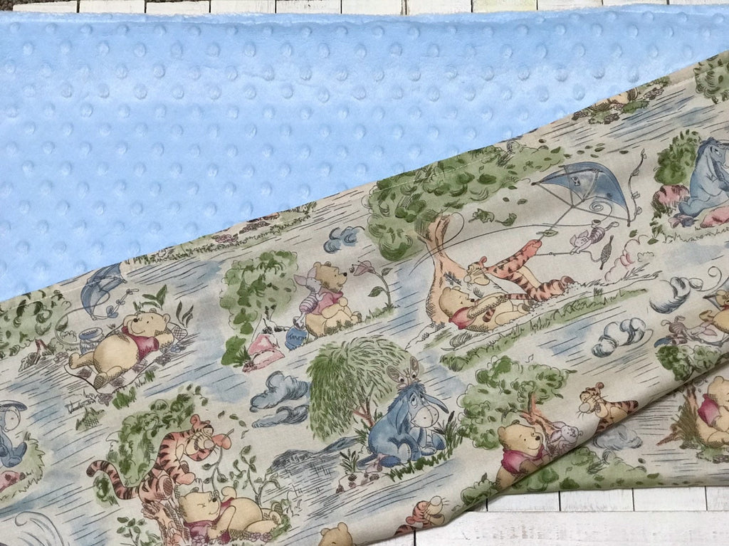 Baby crib Blanket made from Winnie the Pooh fabric ~ baby boy blanket in Cotton and blue minky, baby shower gift, 32"x36" or 32 x 40