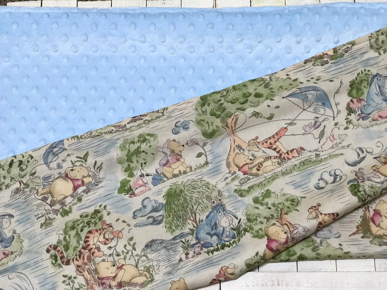Baby crib Blanket made from Winnie the Pooh fabric ~ baby boy blanket in Cotton and blue minky, baby shower gift, 32"x36" or 32 x 40