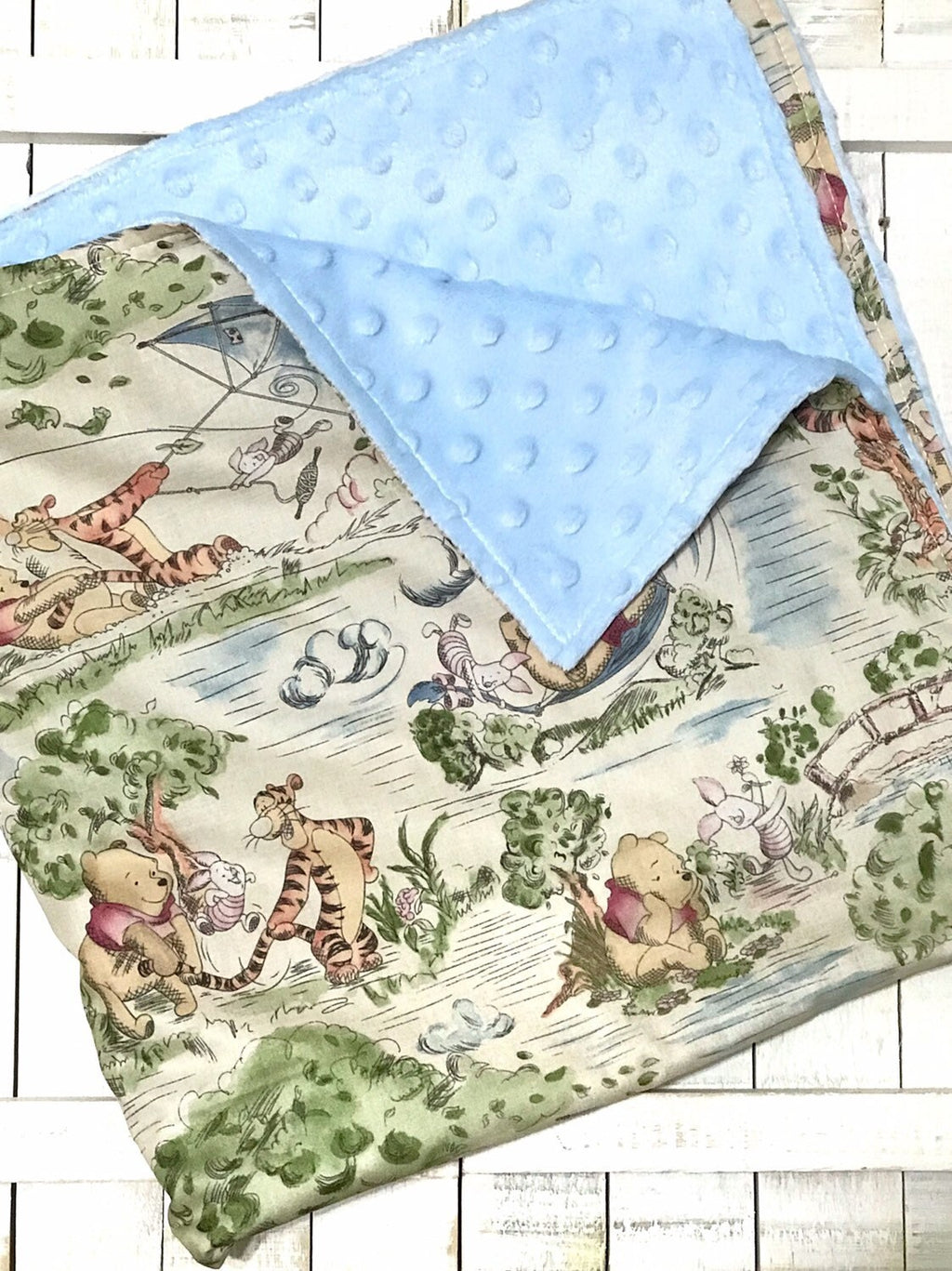 Baby crib Blanket made from Winnie the Pooh fabric ~ baby boy blanket in Cotton and blue minky, baby shower gift, 32"x36" or 32 x 40