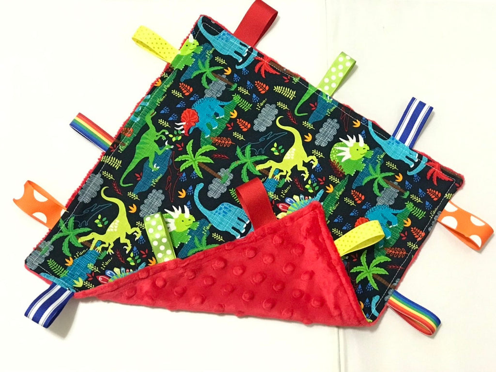 Dinosaur crinkle Blanket lovey cotton fabric toy ~ can personalize ~ sensory blanket lovey ~ Cotton minky ~ baby shower gift ~ 12"