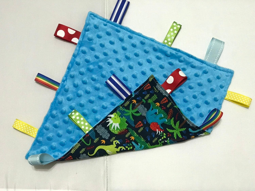 Dinosaur Blanket lovey - cotton fabric toy ~ can personalize ~ sensory blanket lovey ~ Cotton minky ~ baby shower gift ~ 12”