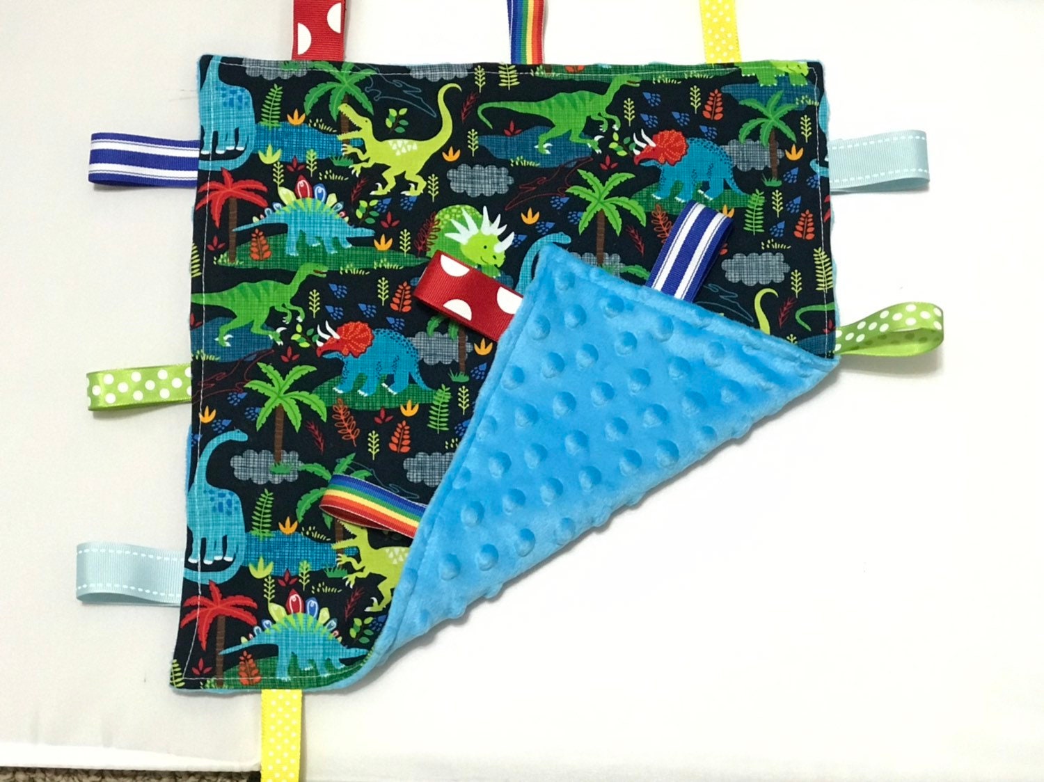 Dinosaur Blanket lovey - cotton fabric toy ~ can personalize ~ sensory blanket lovey ~ Cotton minky ~ baby shower gift ~ 12”