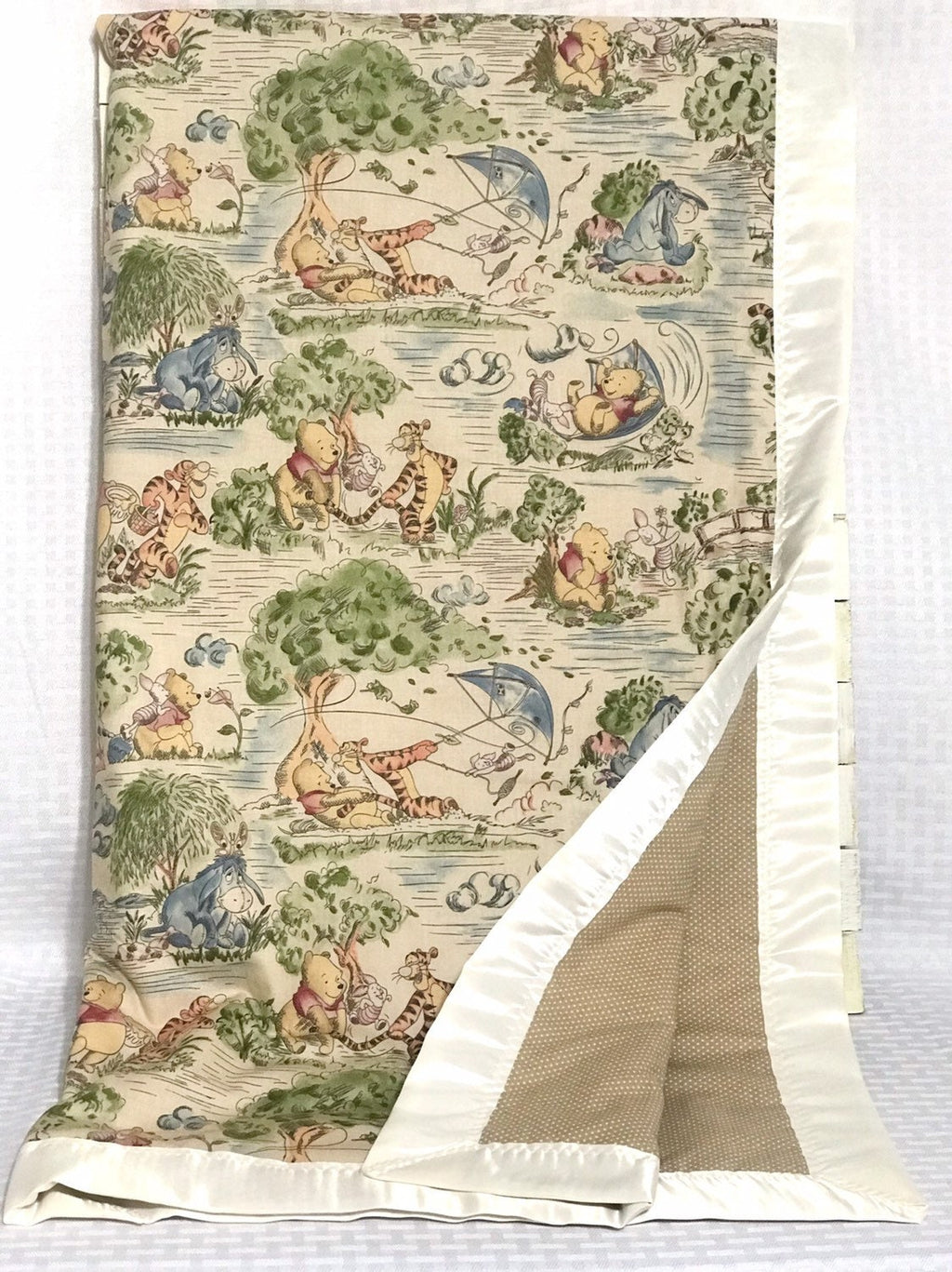 Baby crib Blanket made from Winnie the Pooh fabric with satin binding for girl or boy, personalized  baby gift