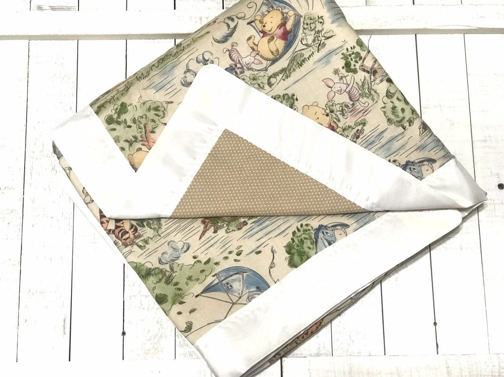 Baby crib Blanket made from Winnie the Pooh fabric with satin binding for girl or boy, personalized  baby gift