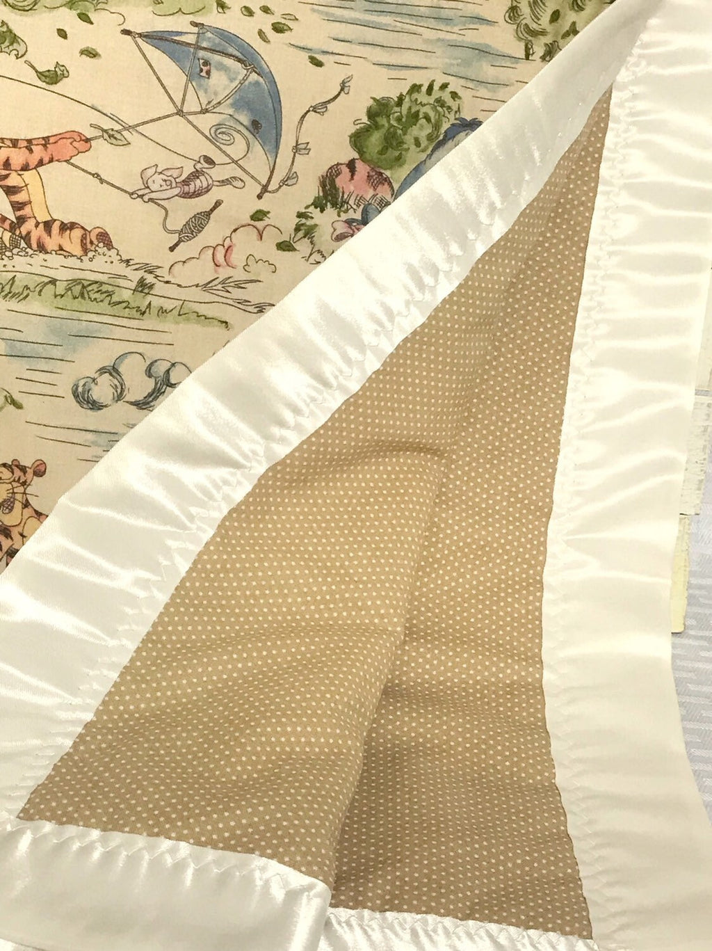 Baby crib Blanket made from Winnie the Pooh fabric with satin binding for girl or boy, personalized  baby gift