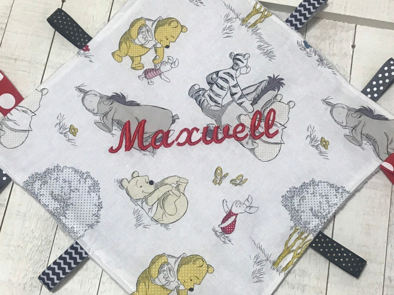 Sensory crinkle or Blanket tag lovey - made from Winnie the Pooh fabric ~ personalize ~ Cotton minky security toy ~ baby shower gift 12"